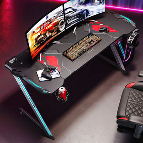 SONNI Gaming Schreibtisch mit LED 120cm Gaming Tisch RGB Gaming Schreibtisch Ergonomischer Tisch Gamer Tisch mit Getränkehalterung und Kopfhörerhaken Schwarz PC Tisch Klein