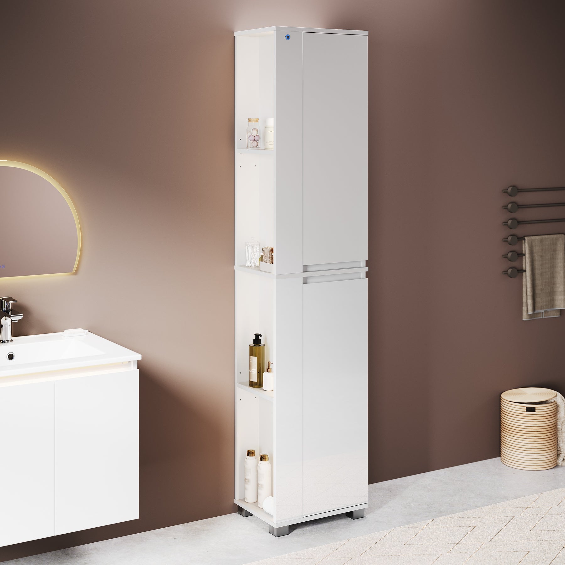 SONNI Badezimmerschrank mit Touch-LED-Beleuchtung, weißer Unterschrank mit 2 rechts öffnenden Türen und verstellbaren Einlegeböden, Geschlossen & Offenes Fach