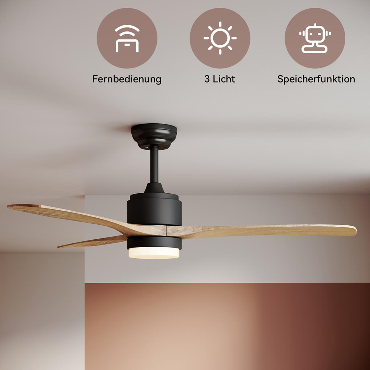 SONNI Deckenventilator mit Beleuchtung und Fernbedienung, 132 cm/, 5 Geschwindigkeiten, 3-Farben-Licht, DC-Motor/35W, Leise, Sommer-Winterbetrieb