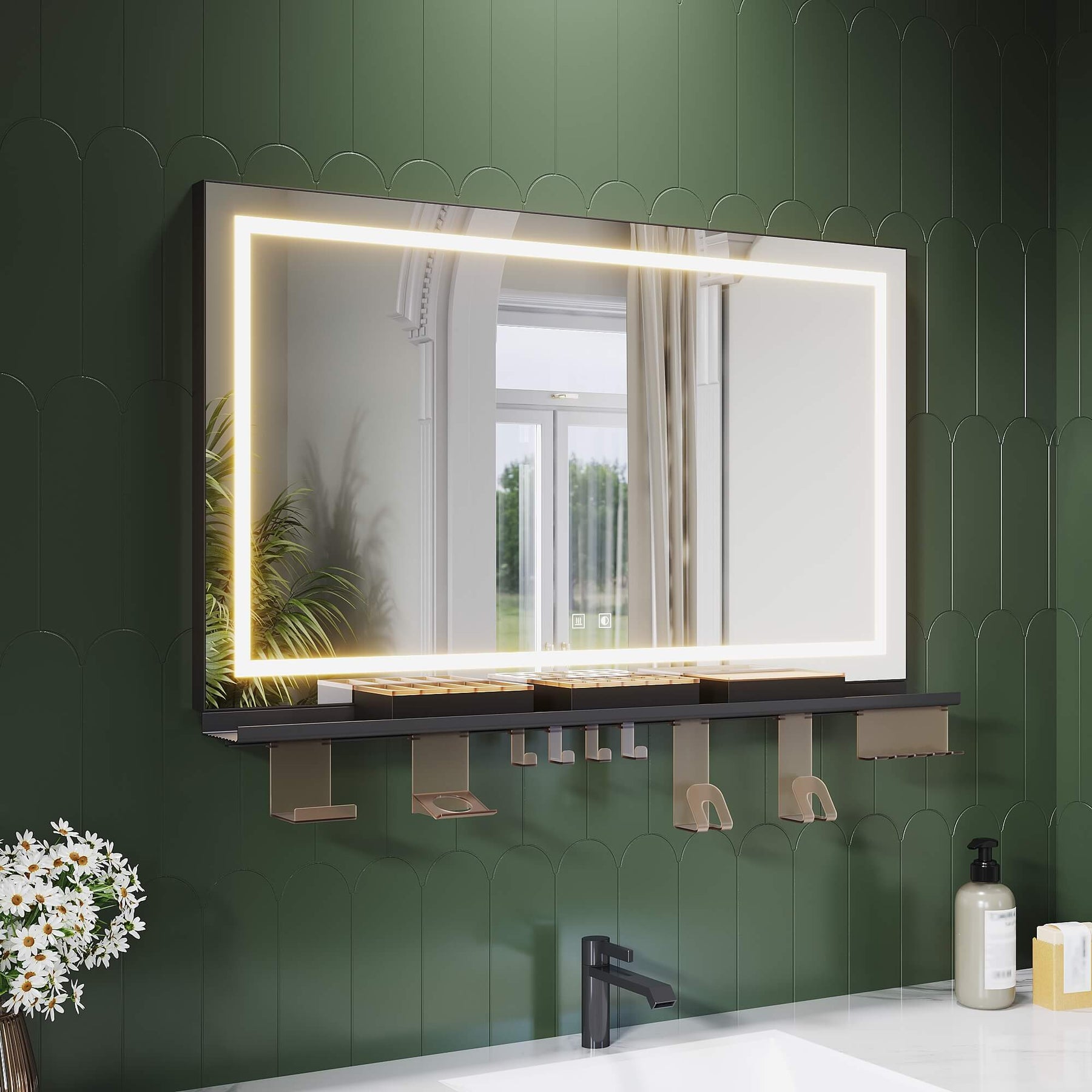 SONNI Badspiegel mit Beleuchtung 100x60cm +  Ablage, Touch Badezimmerspiegel 3 Lichtfarben, Anti-Beschlag & Gedächtnisfunktion