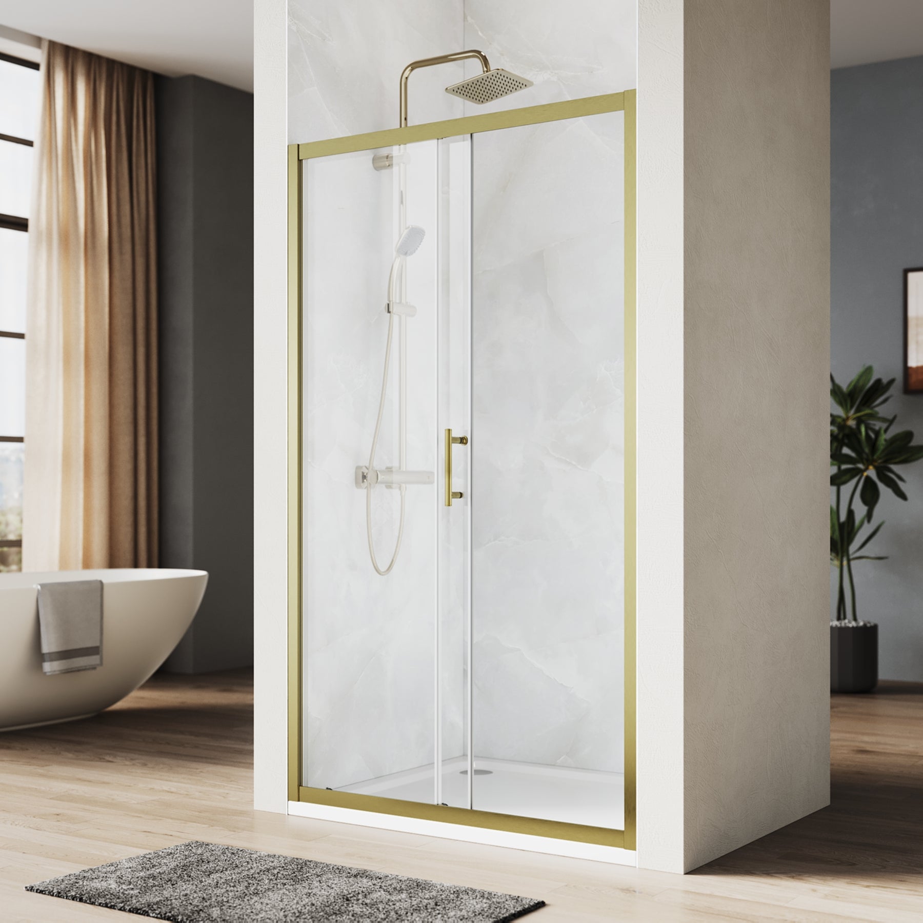 SONNI Duschtür Schiebetür Duschabtrennung Gebürstetes Gold Aluminiumrahmen ESG Glas 100–120 cm Höhe 185 cm - Sonni Sanitär GmbH