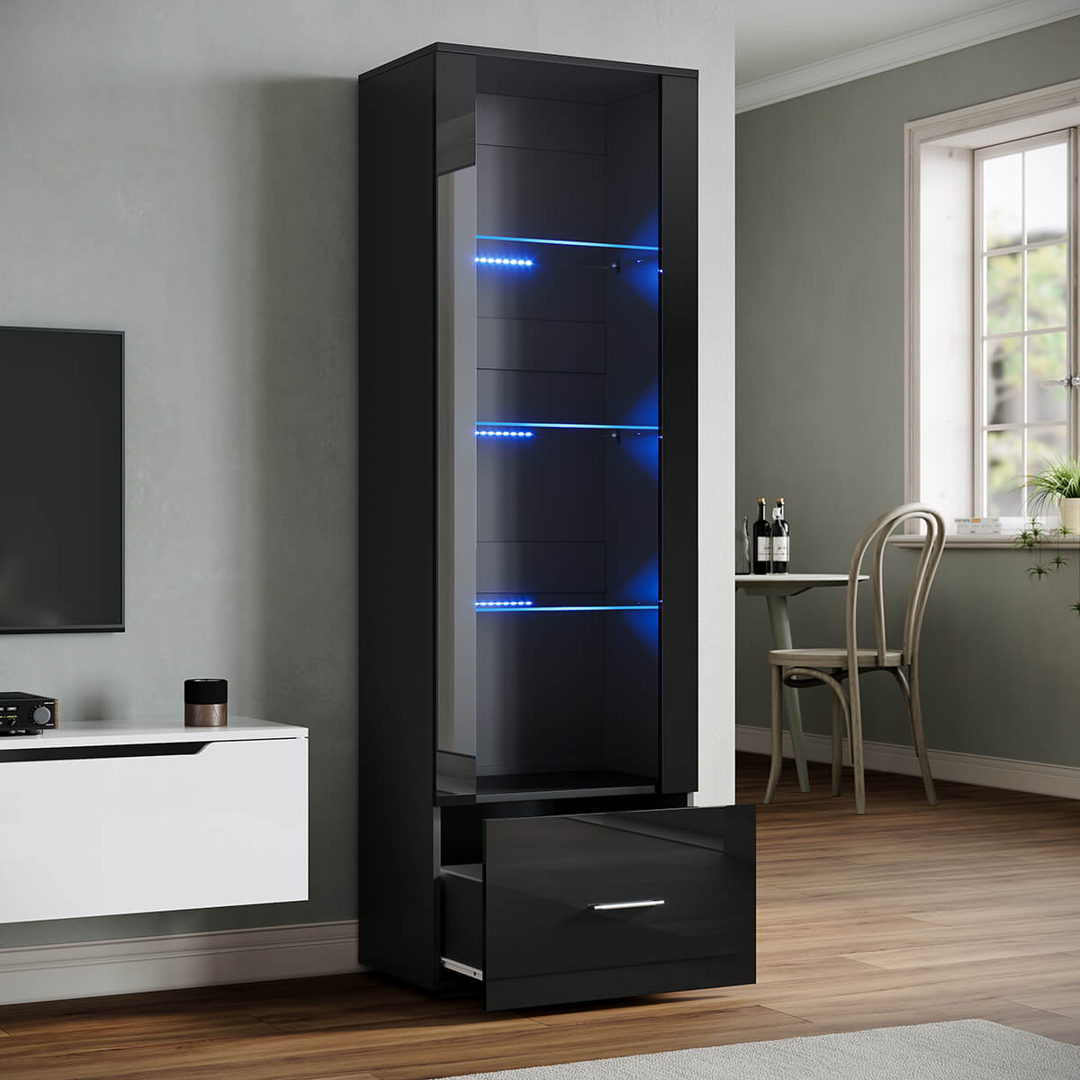 SONNI Vitrine mit LED-Beleuchtung, Glasvitrine mit Schubladen, weiß Hochglanzfront, Sammlervitrine, Vitrinenschrank - Sonni Sanitär GmbH