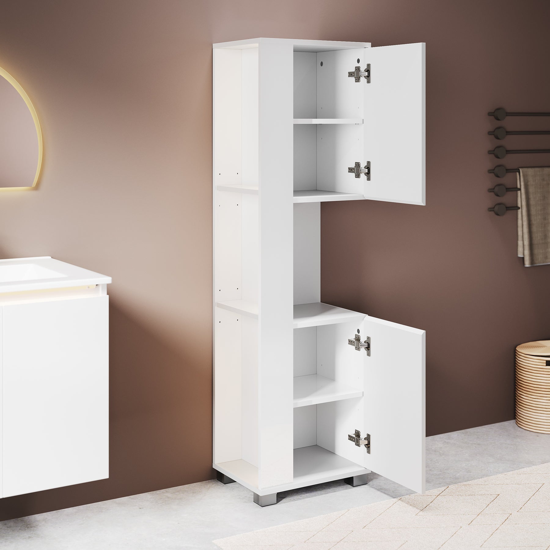 SONNI Badezimmerschrank mit Touch-LED-Beleuchtung, weißer Unterschrank mit 2 rechts öffnenden Türen und verstellbaren Einlegeböden, Geschlossen & Offenes Fach