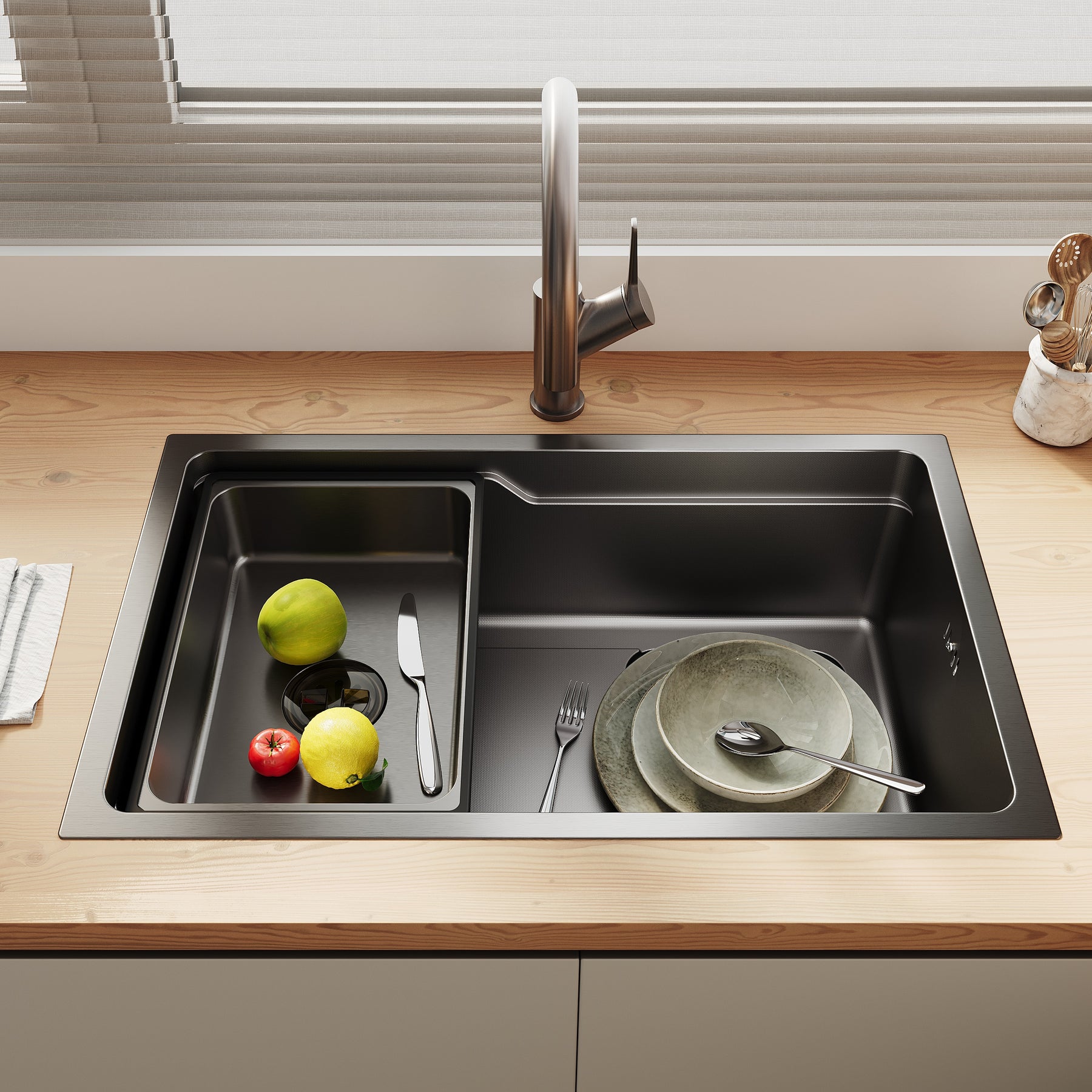 SONNI Waschbecken Küchenspüle 304 SUS Edelstahl, 70×43 cm, Einbauspüle mit 1 Becken, Unterbauspüle, mit Abtropfkorb und Dreieckigem Abfallsieb, Schmale Seite - Sonni Sanitär GmbH