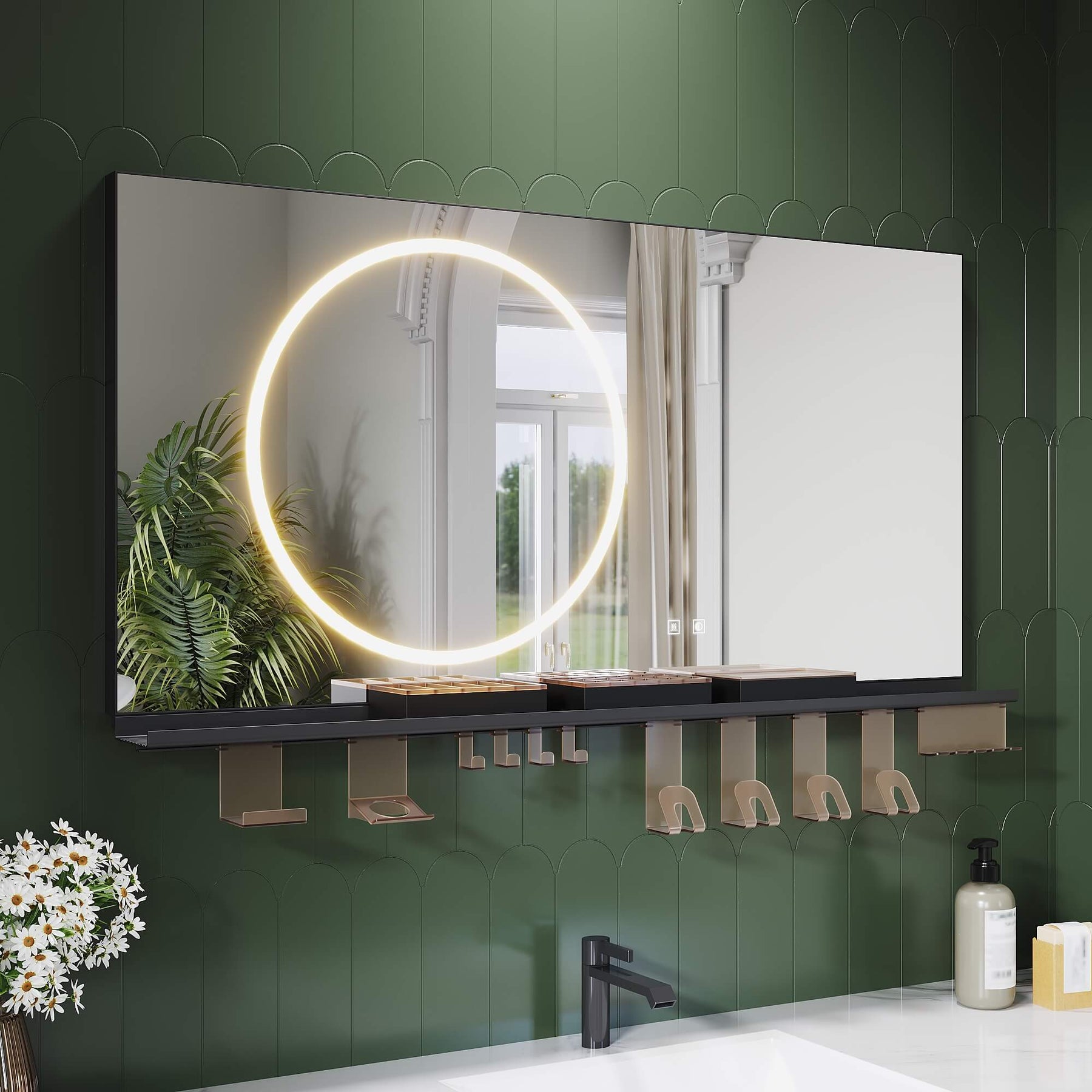 SONNI Badezimmerspiegel mit Beleuchtung 120x60 cm, LED Badspiegel mit Ablage, 3 einstellbare Lichtfarbe + Anti-Beschlag + Touchschalter, Ablage mit Handyhalter + Haken + Zahnbürstenhalte