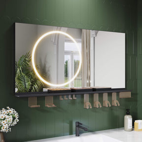 SONNI Badezimmerspiegel mit Beleuchtung 120x60 cm, LED Badspiegel mit Ablage, 3 einstellbare Lichtfarbe + Anti-Beschlag + Touchschalter, Ablage mit Handyhalter + Haken + Zahnbürstenhalte