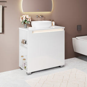 SONNI Freistehender Waschtisch mit LED-Sensorbeleuchtung, Aufsatzwaschbecken mit Doppeltüren und verstellbaren Ablagen, Badschrank 60 x 60 x 30 cm Weiß
