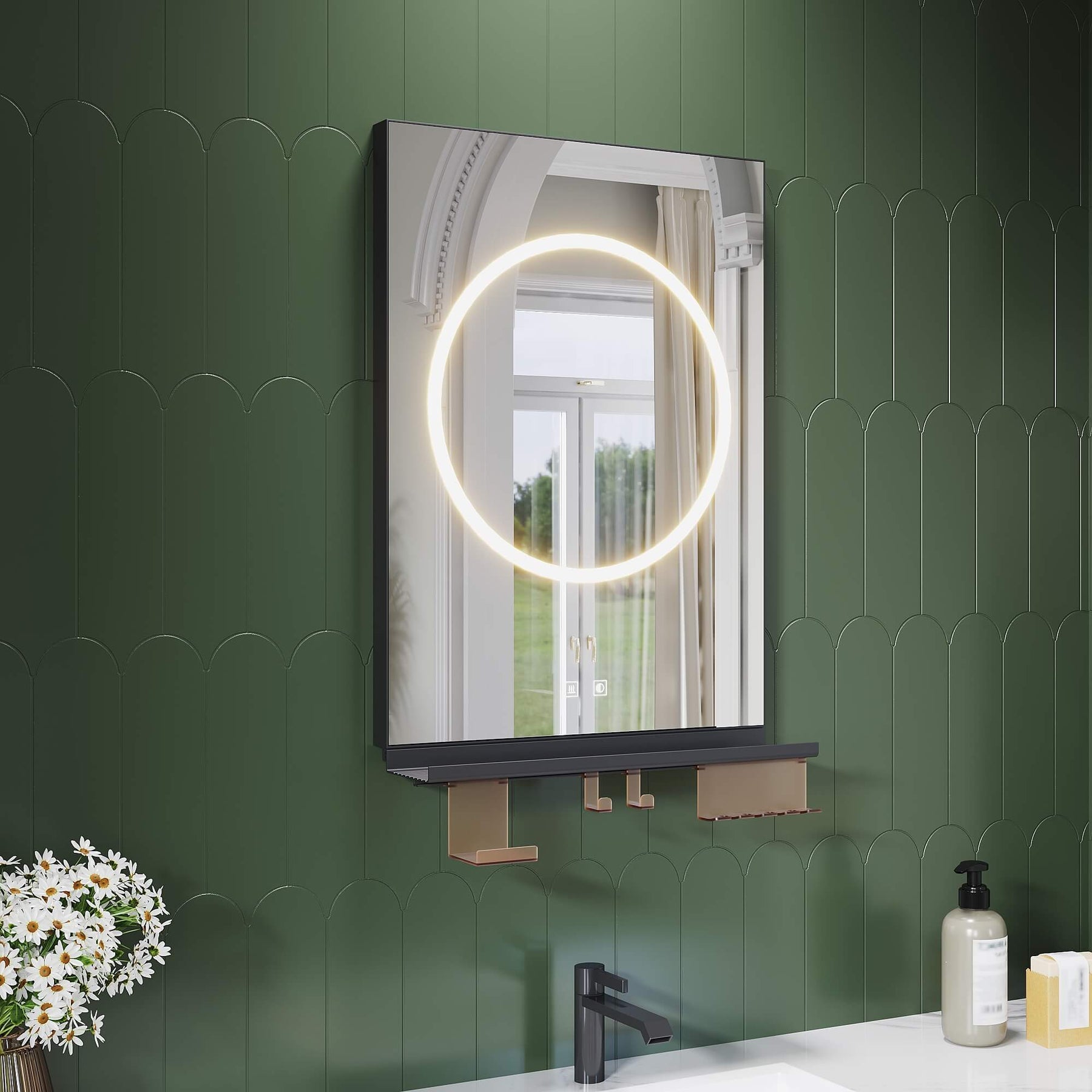 SONNI Badezimmerspiegel mit Beleuchtung 50x70 cm, LED Badspiegel mit Ablage, 3 einstellbare Lichtfarbe + Anti-Beschlag + Touchschalter, Ablage mit Handyhalter + Haken + Zahnbürstenhalter