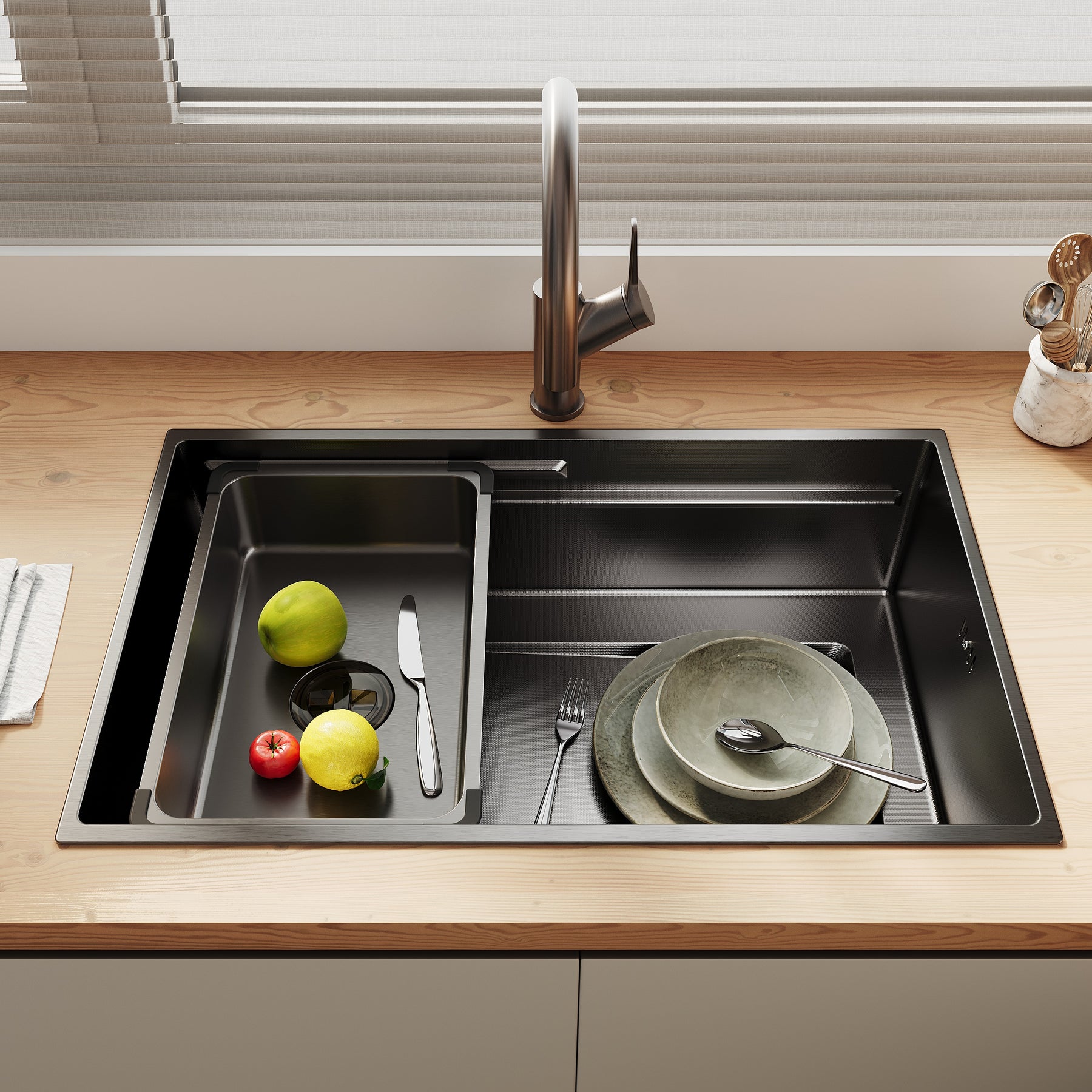 SONNI Küchenspüle Waschbecken Edelstahl 304, Nanosilber/Diamantschwarz, 70x44 cm, Einbauspüle mit 1 Becken, Unterbauspüle mit Abtropfkorb und Rechteckigem Abfallsieb - Sonni Sanitär GmbH