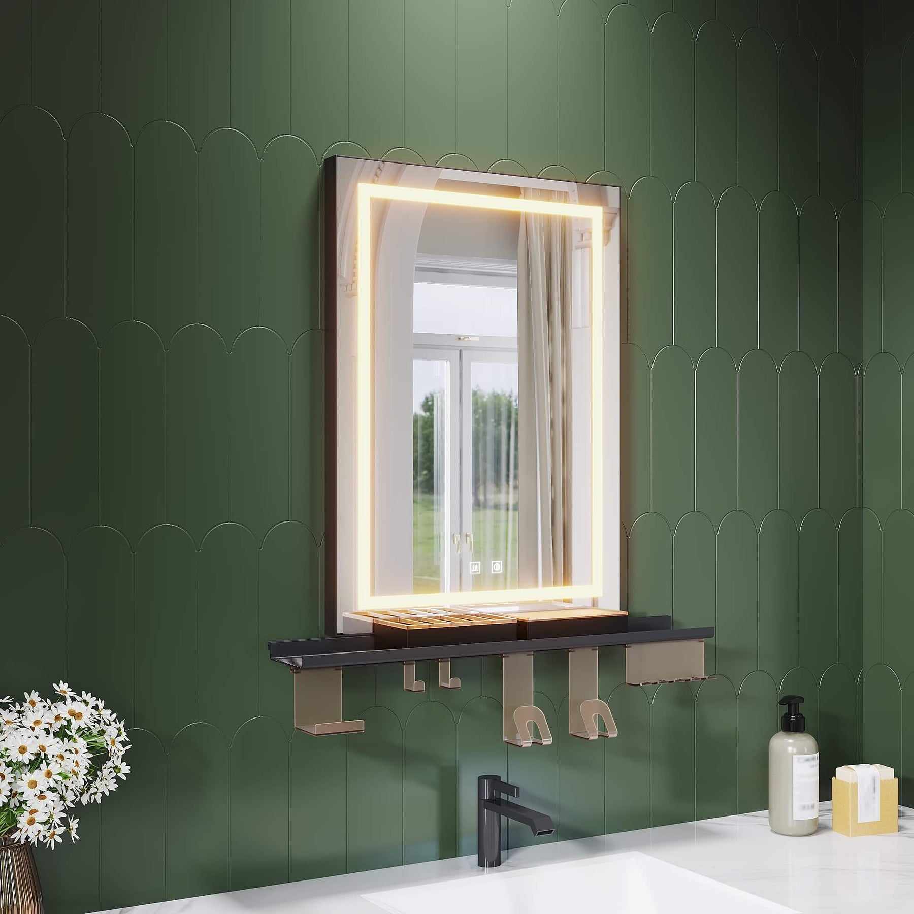 SONNI Badspiegel mit Beleuchtung 50x70cm mit Ablage, Touch Badezimmerspiegel 3 Lichtfarben, Anti-Beschlag & Gedächtnisfunktion