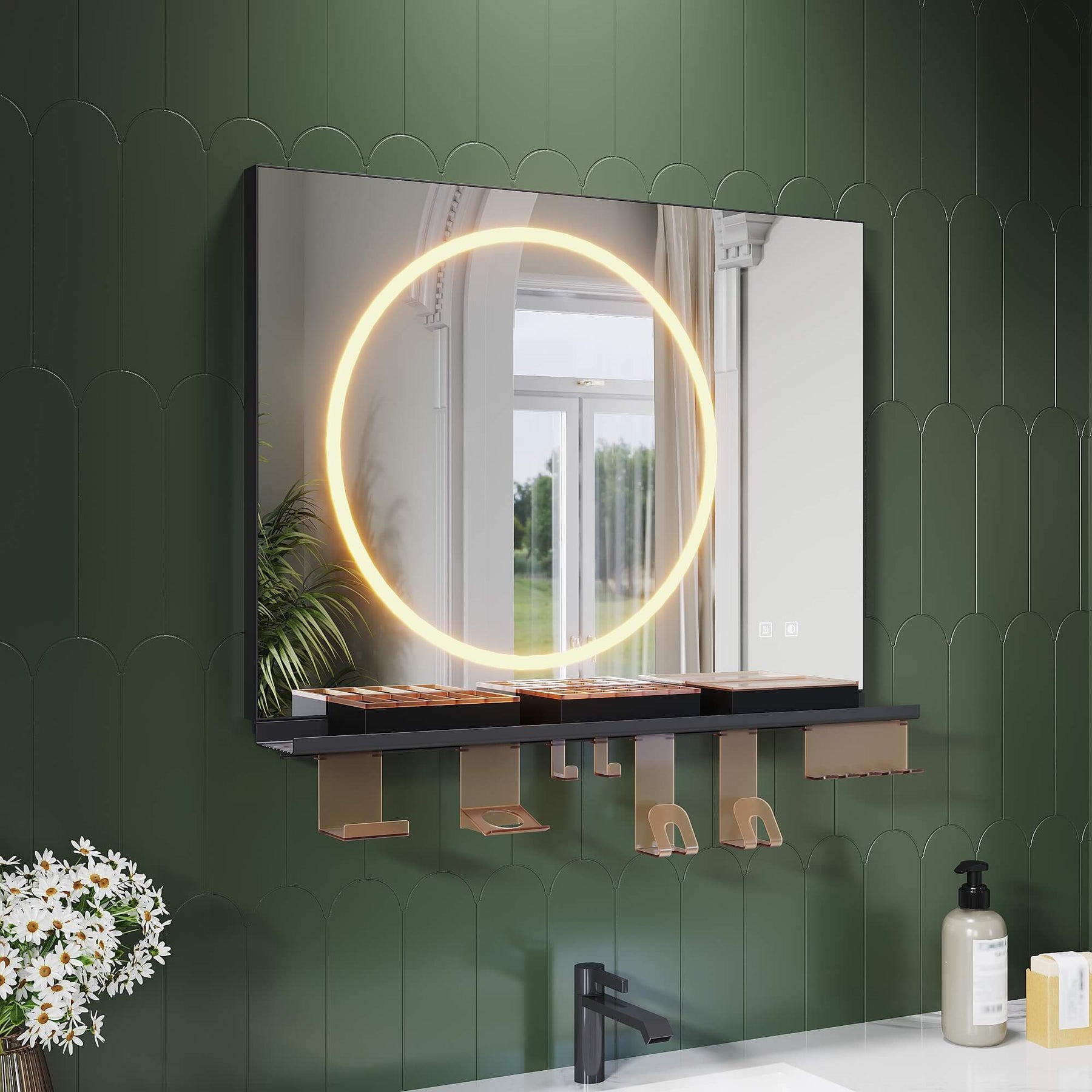 SONNI Badezimmerspiegel mit Beleuchtung 80x60 cm, LED Badspiegel mit Ablage , 3 einstellbare Lichtfarbe + Anti-Beschlag + Touchschalter, Ablage mit Handyhalter + Haken + Zahnbürstenhalter