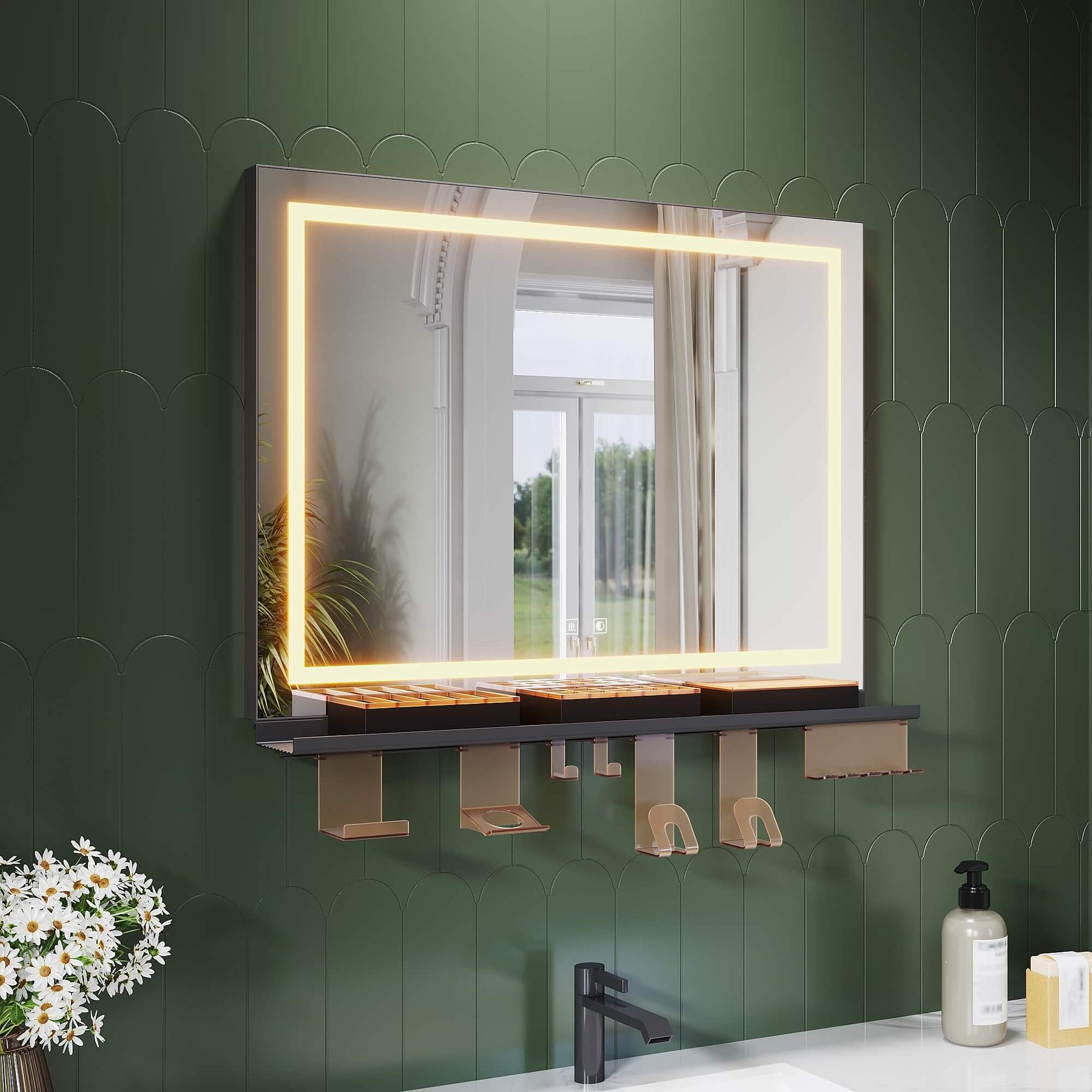 SONNI Badspiegel mit Beleuchtung & Ablage, Touch Badezimmerspiegel 3 Lichtfarben, Anti-Beschlag & Gedächtnisfunktion