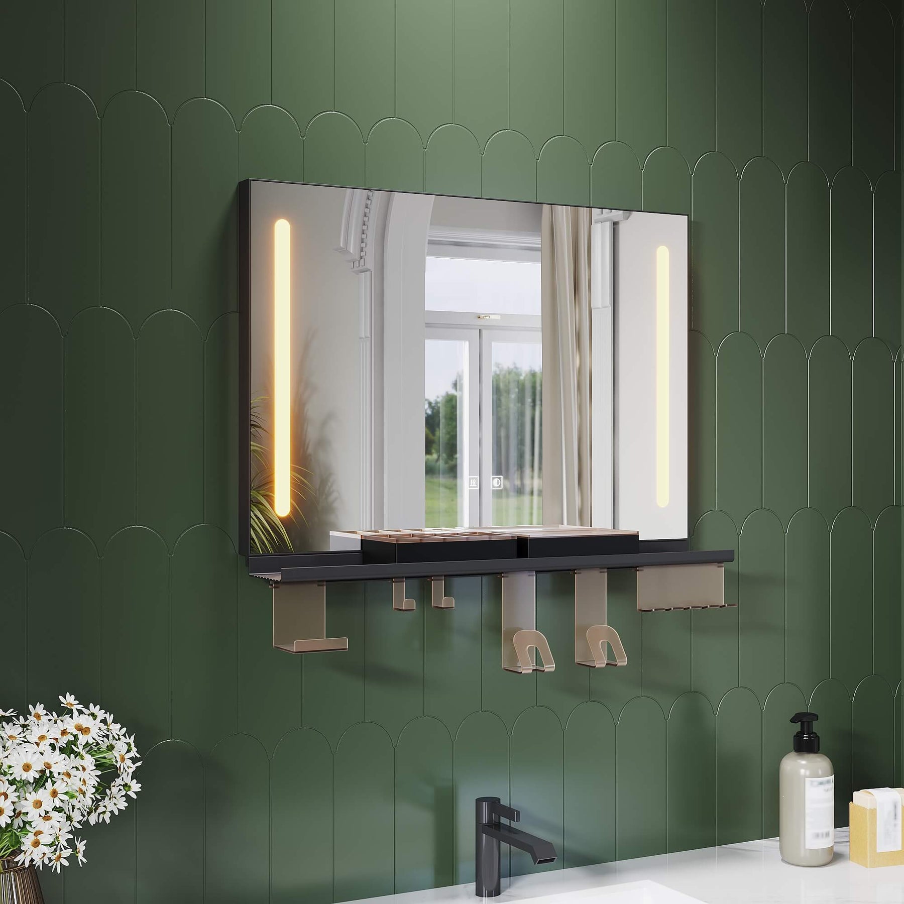 SONNI LED Badspiegel 70x50cm mit Ablage, Touch Badezimmerspiegel 3 Lichtfarben, Anti-Beschlag & Gedächtnisfunktion, Ablage mit Handyhalter + Haken + Zahnbürstenhalter