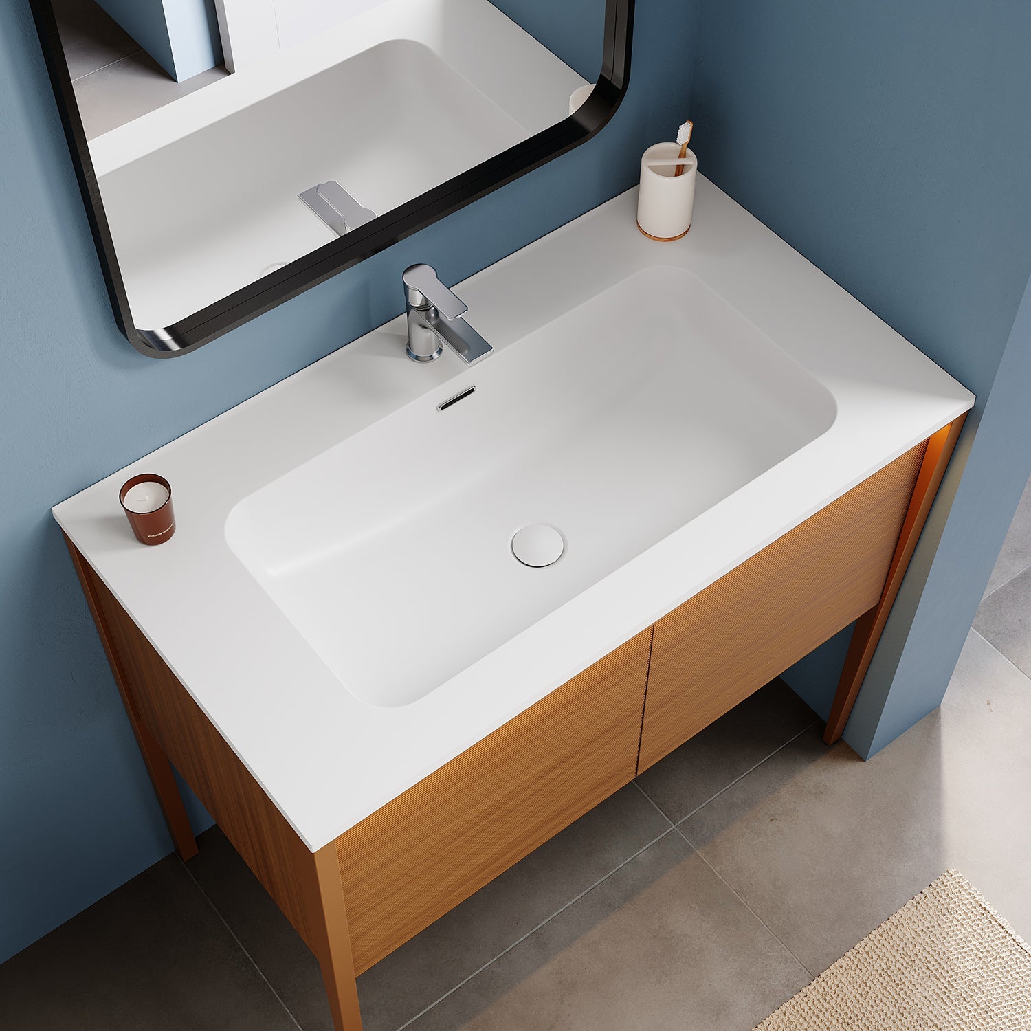 SONNI Badmöbel Set mit Waschbecken, Quarz Kunststein Waschbecken LED Sensorbeleuchtung Push Open Türen 89,4 x 49,5 x 81 cm