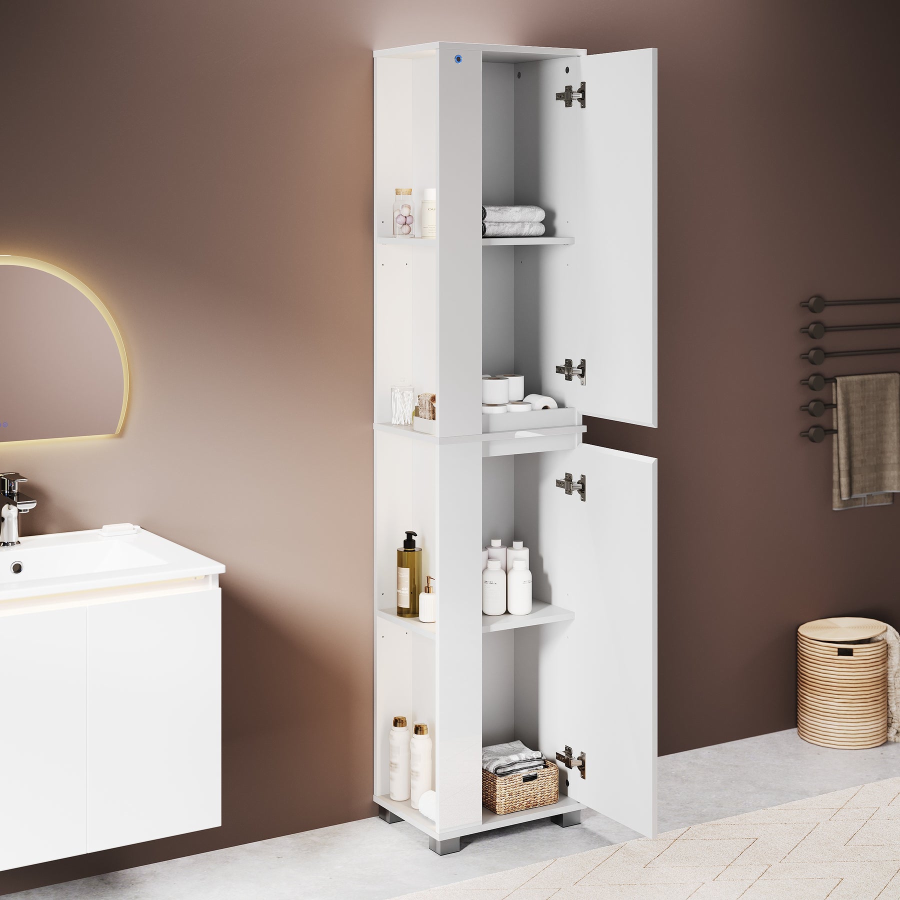 SONNI Badezimmerschrank mit Touch-LED-Beleuchtung, weißer Unterschrank mit 2 rechts öffnenden Türen und verstellbaren Einlegeböden, Geschlossen & Offenes Fach