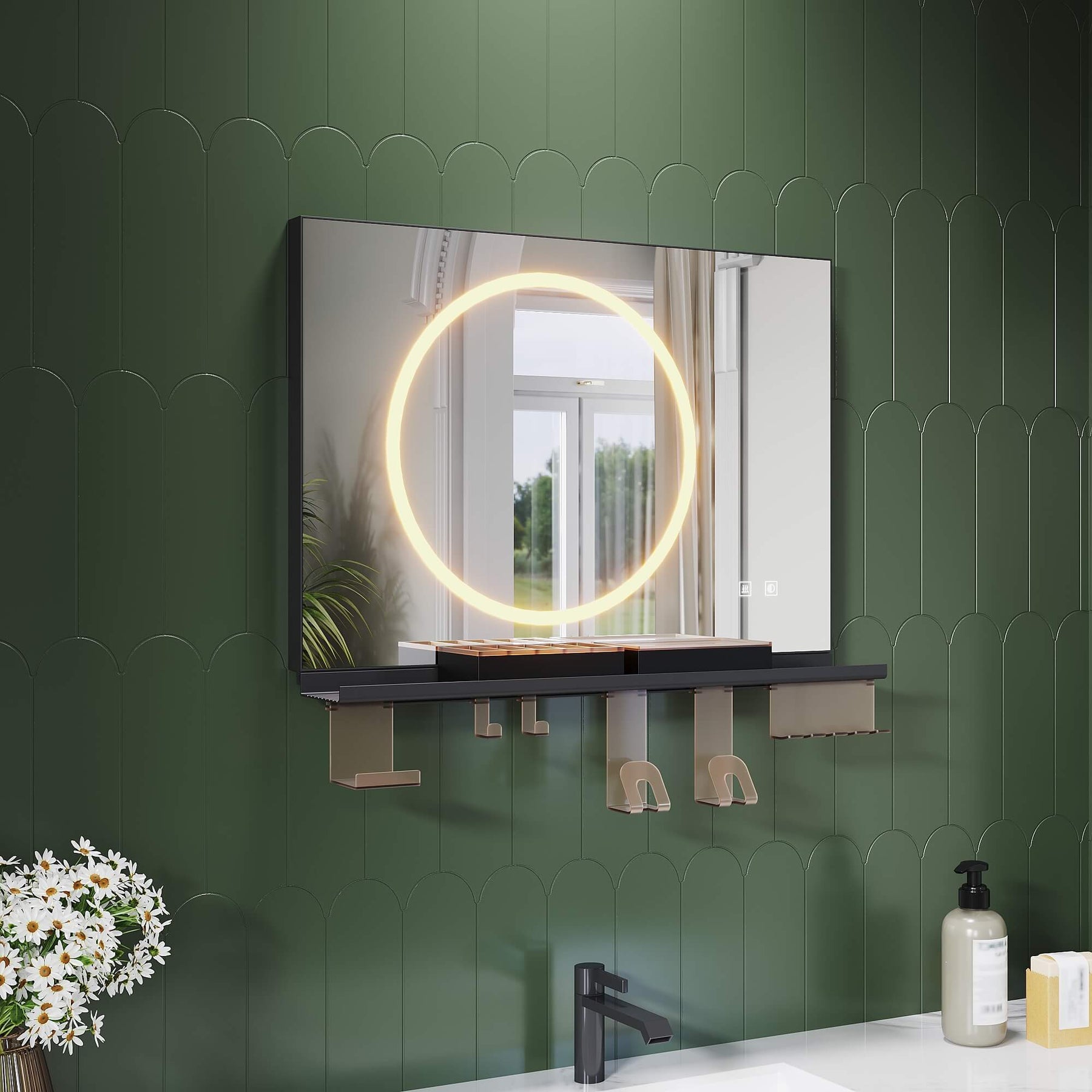 SONNI Badezimmerspiegel mit Beleuchtung 70x50 cm, LED Badspiegel mit Ablage, 3 einstellbare Lichtfarbe + Anti-Beschlag + Touchschalter, Ablage mit Handyhalter + Haken + Zahnbürstenhalter