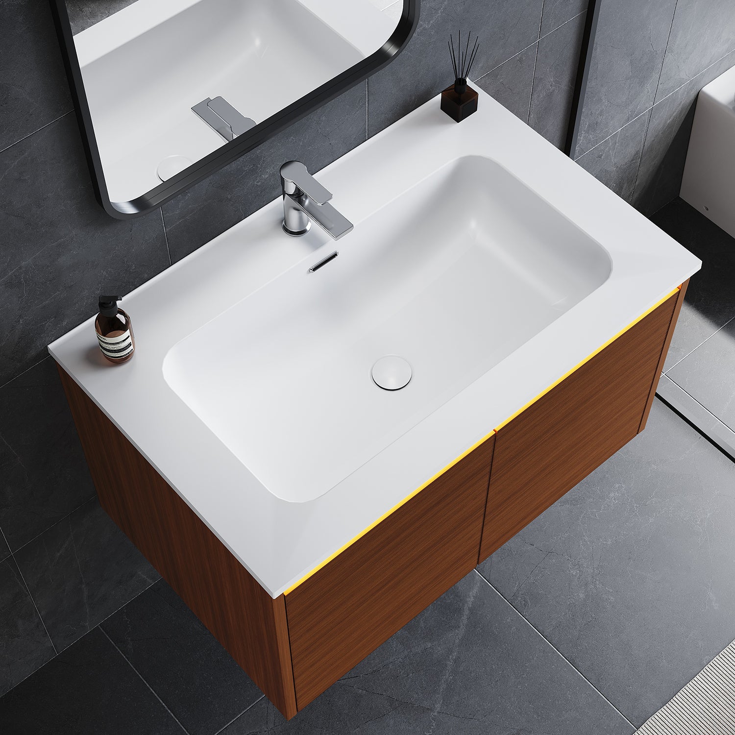 SONNI Waschtisch Badmöbel Set mit Quarz Kunststein Waschbecken, LED Sensorbeleuchtung Push Open Türen 79 x 49,5 x 45 cm