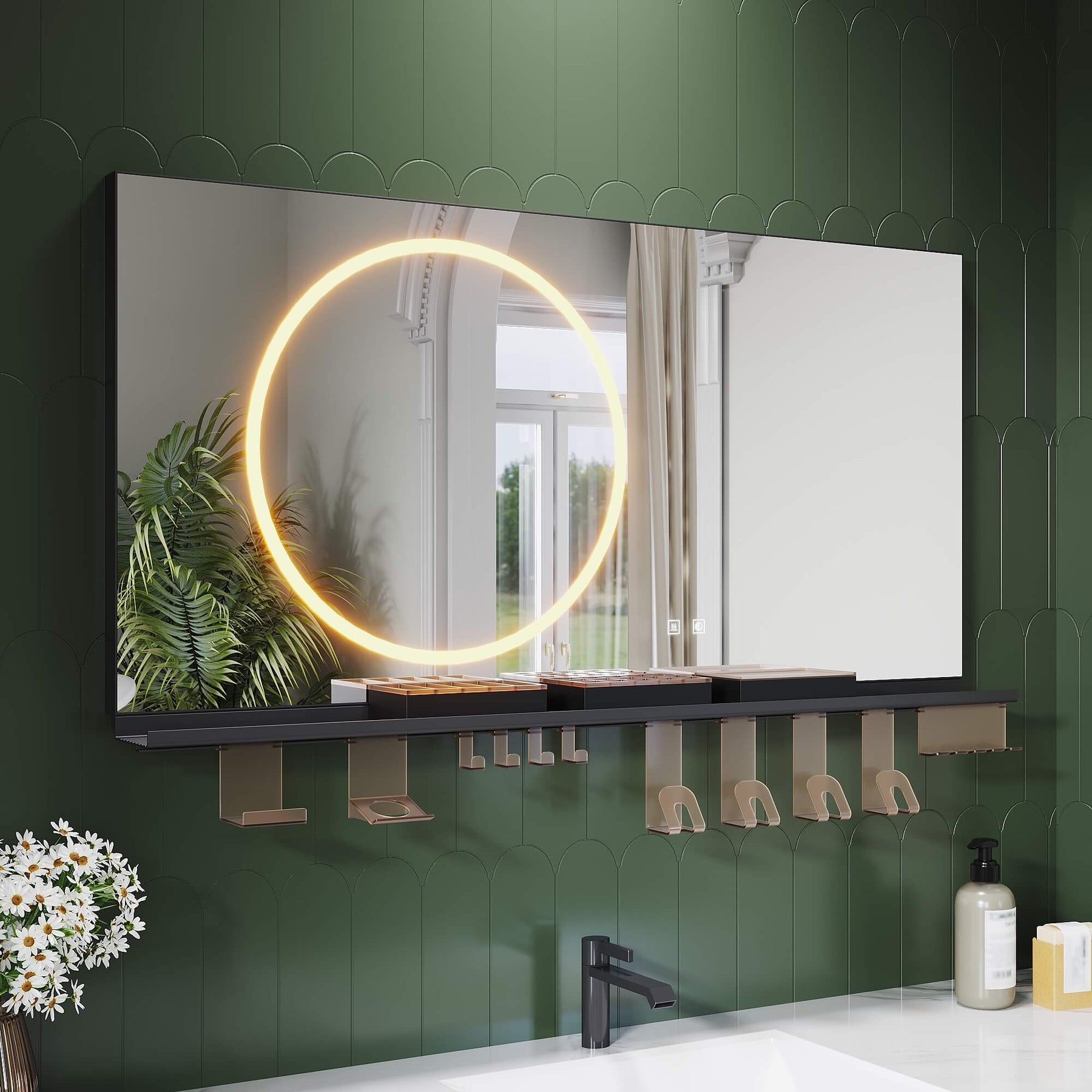 SONNI Badezimmerspiegel mit Beleuchtung 120x60 cm, LED Badspiegel mit Ablage, 3 einstellbare Lichtfarbe + Anti-Beschlag + Touchschalter, Ablage mit Handyhalter + Haken + Zahnbürstenhalte