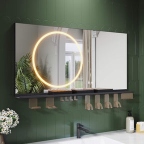 SONNI Badezimmerspiegel mit Beleuchtung 120x60 cm, LED Badspiegel mit Ablage, 3 einstellbare Lichtfarbe + Anti-Beschlag + Touchschalter, Ablage mit Handyhalter + Haken + Zahnbürstenhalte