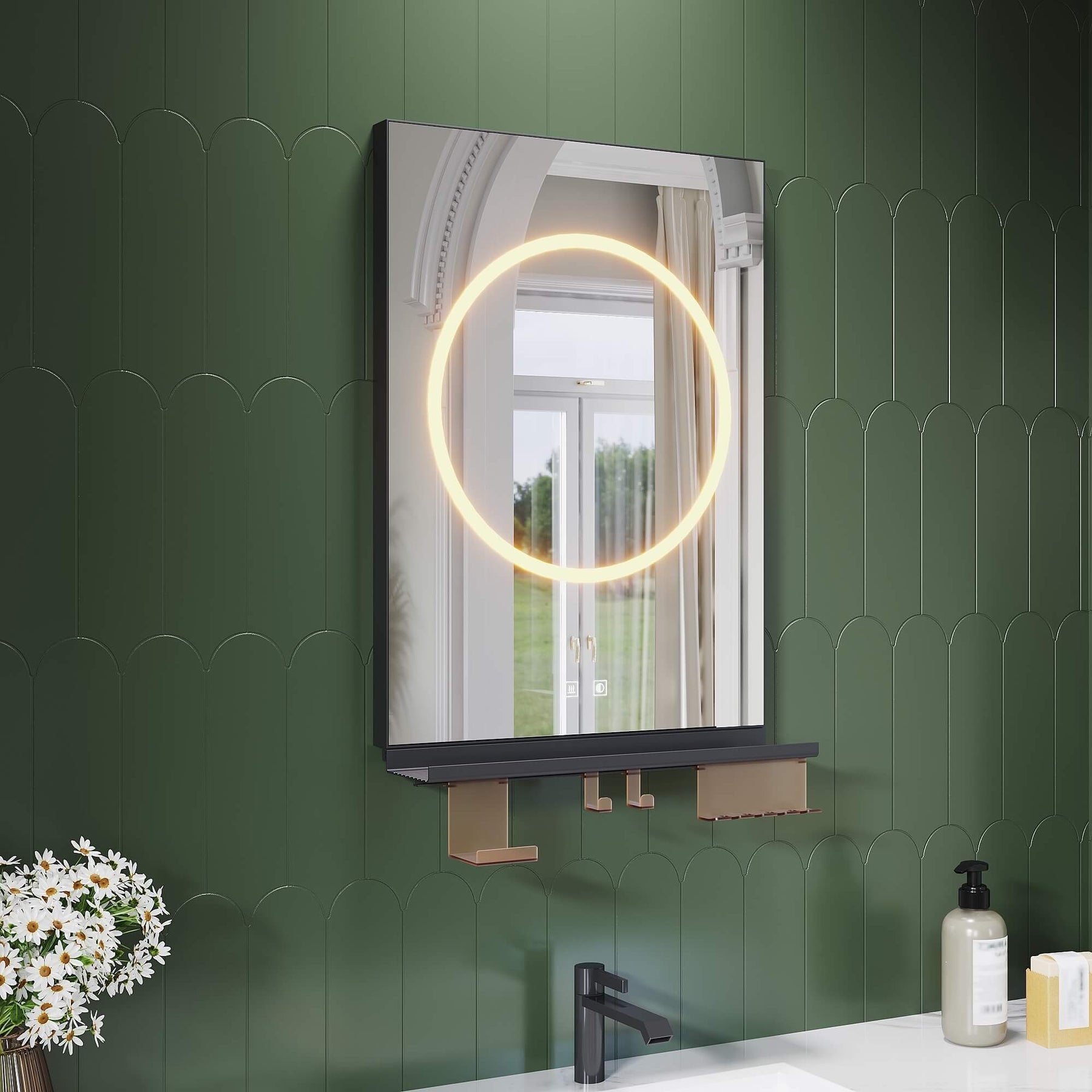 SONNI Badezimmerspiegel mit Beleuchtung 50x70 cm, LED Badspiegel mit Ablage, 3 einstellbare Lichtfarbe + Anti-Beschlag + Touchschalter, Ablage mit Handyhalter + Haken + Zahnbürstenhalter