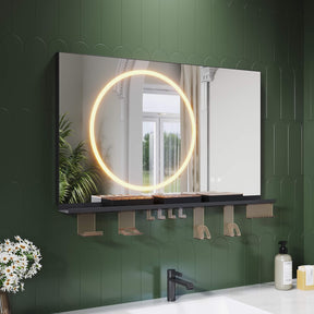 SONNI Badezimmerspiegel mit Beleuchtung 100x60 cm, LED Badspiegel mit Ablage, 3 einstellbare Lichtfarbe + Anti-Beschlag + Touchschalter, Ablage mit Handyhalter + Haken + Zahnbürstenhalter