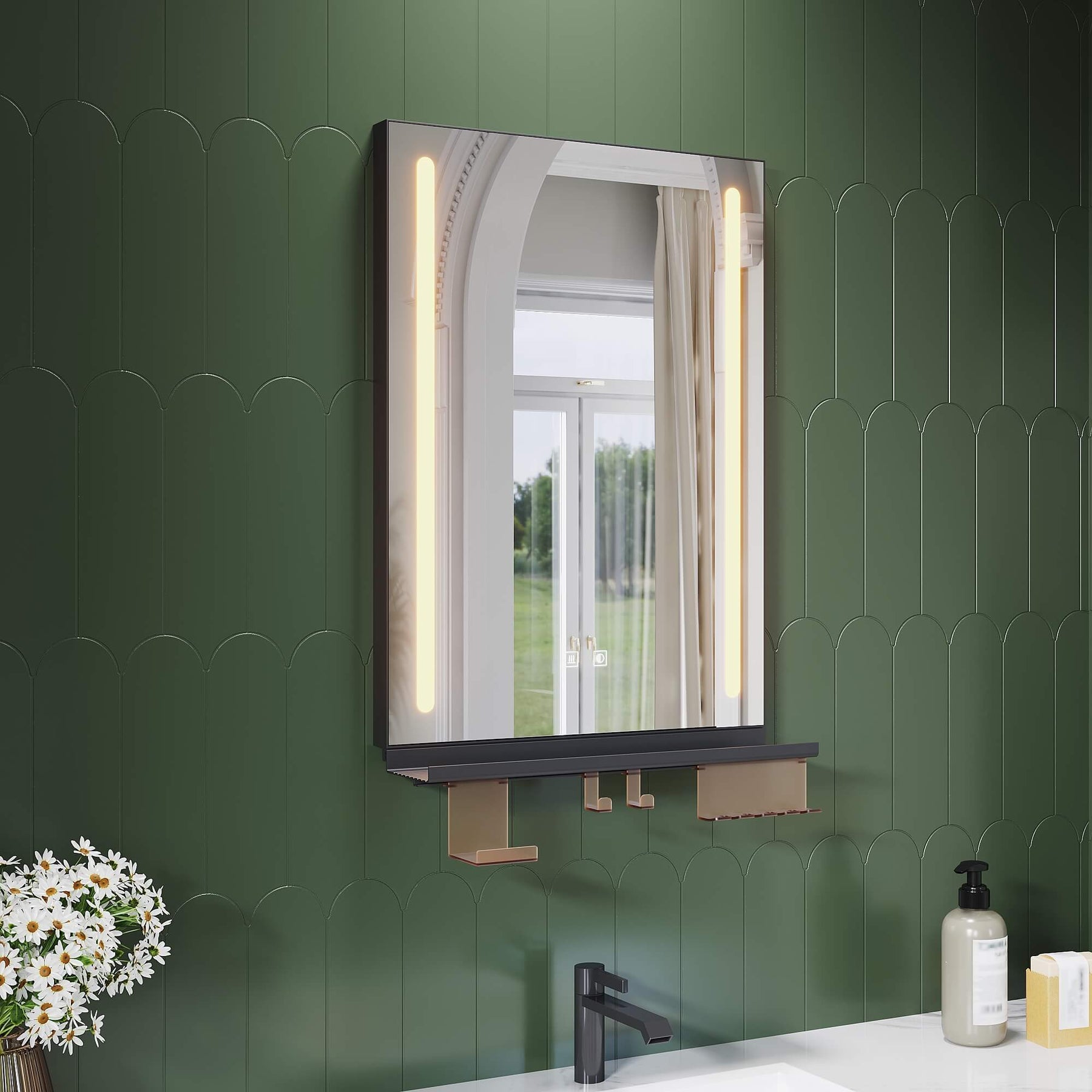 SONNI LED Badspiegel 50x70cm mit Ablage, Touch Badezimmerspiegel 3 Lichtfarben, Anti-Beschlag & Gedächtnisfunktion, Ablage mit Handyhalter + Haken + Zahnbürstenhalter + Becherhalter