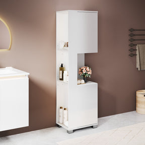 SONNI Badezimmerschrank mit Touch-LED-Beleuchtung, weißer Unterschrank mit 2 rechts öffnenden Türen und verstellbaren Einlegeböden, Geschlossen & Offenes Fach