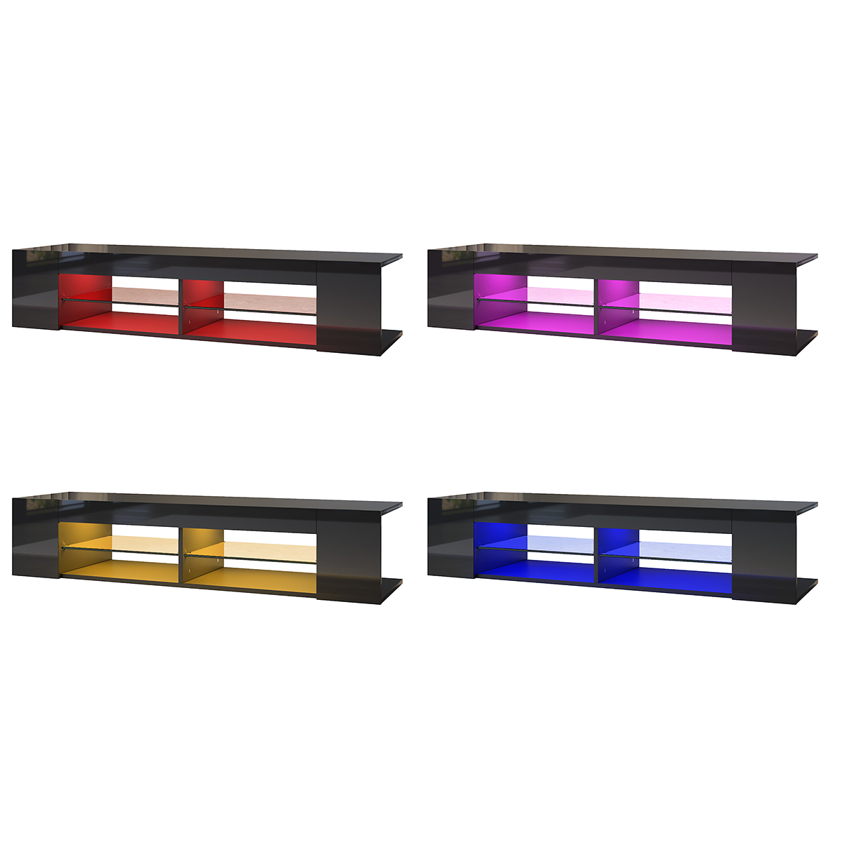 SONNI TV Board Lowboard Unterschrank Hochglanz Glasböden mit LED Beleuchtung Schwarz