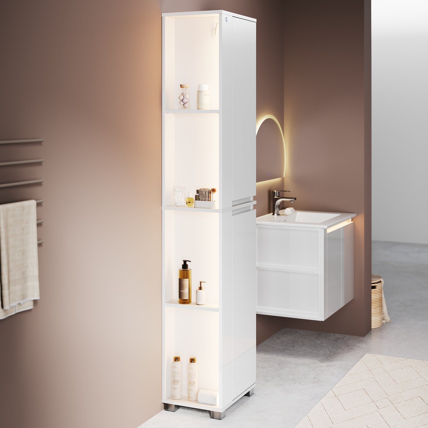 SONNI Badezimmerschrank mit Touch-LED-Beleuchtung, weißer Unterschrank mit 2 rechts öffnenden Türen und verstellbaren Einlegeböden, Geschlossen & Offenes Fach