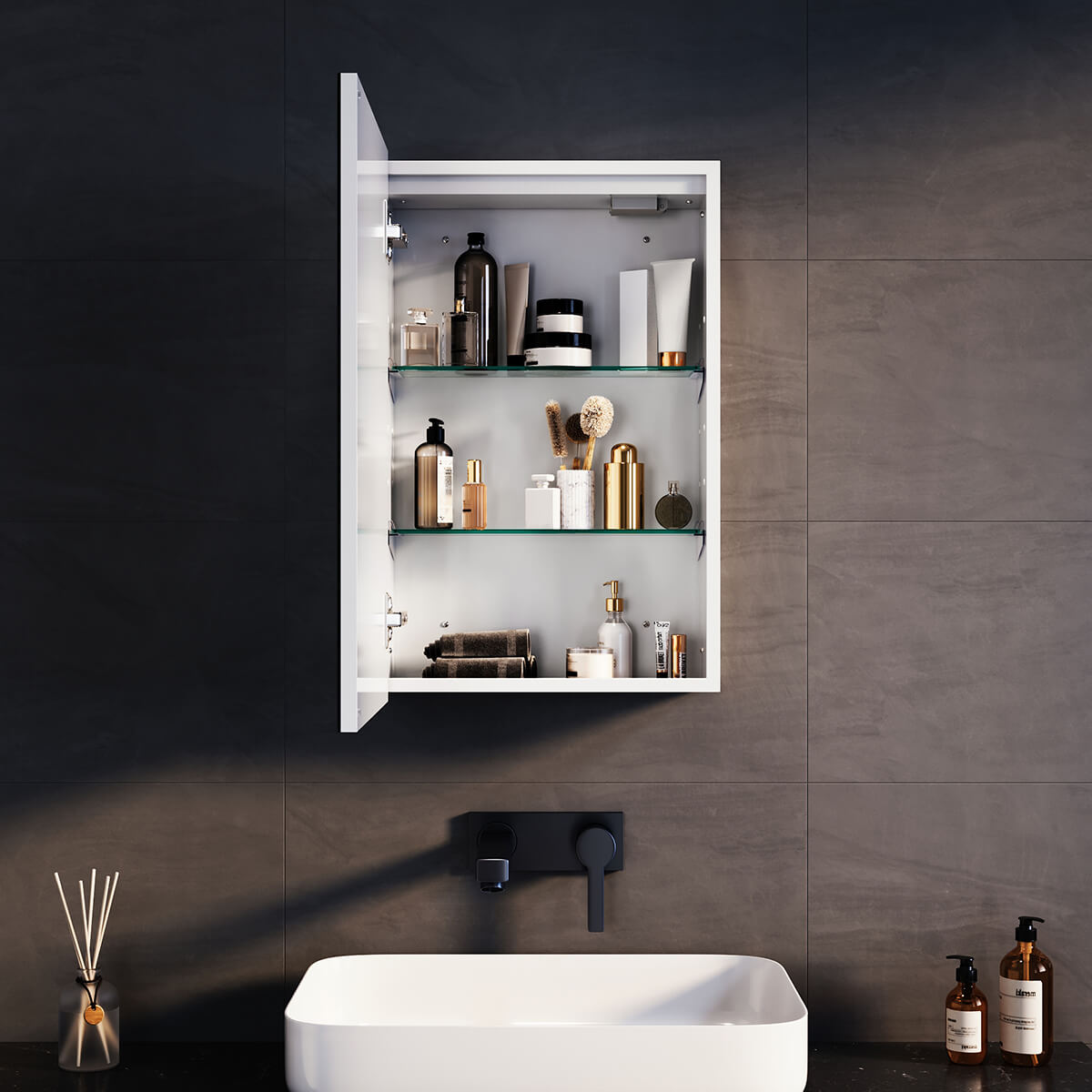 SONNI Spiegelschrank Bad mit Beleuchtung, 3 Lichtfarbe Einstellbar und Beschlagfrei LED Badezimmerschrank mit Kabelloses Scharnier Design Medizinschrank - Sonni Sanitär GmbH
