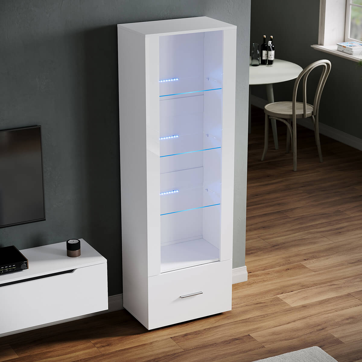 SONNI Vitrine mit LED-Beleuchtung, Glasvitrine mit Schubladen, weiß Hochglanzfront, Sammlervitrine, Vitrinenschrank - Sonni Sanitär GmbH