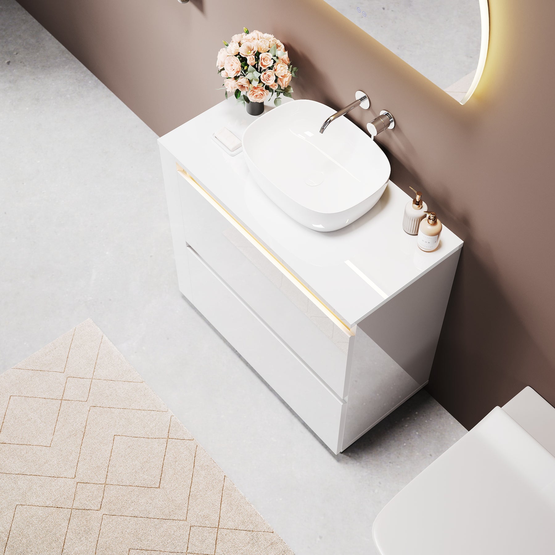 SONNI Freistehender Waschtisch mit LED-Sensorbeleuchtung, Aufsatzwaschbecken mit Doppeltüren und verstellbaren Ablagen, Badschrank 60 x 60 x 30 cm Weiß