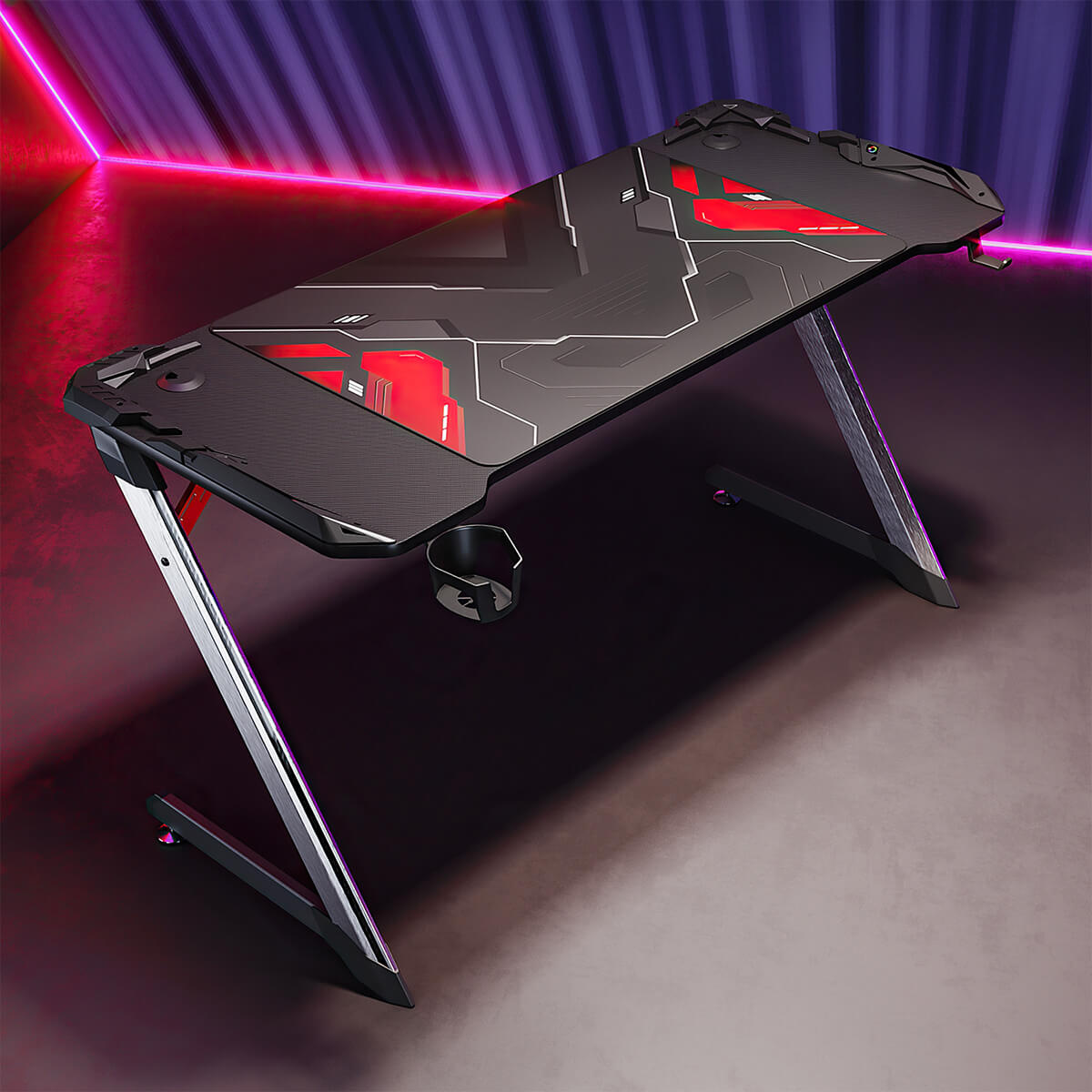 SONNI Gaming Schreibtisch mit LED 120cm Gaming Tisch RGB Gaming Schreibtisch Ergonomischer Tisch Gamer Tisch mit Getränkehalterung und Kopfhörerhaken Schwarz PC Tisch Klein