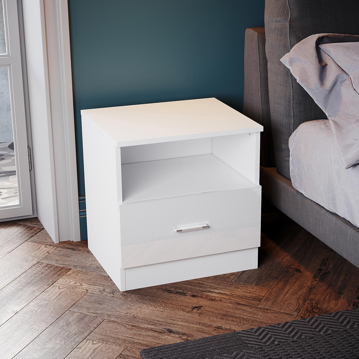 SONNI LED Nachttische mit Schublade Weiß Hochglanz Kommode Schlafzimmermöbel 450x350x465mm - Sonni Sanitär GmbH