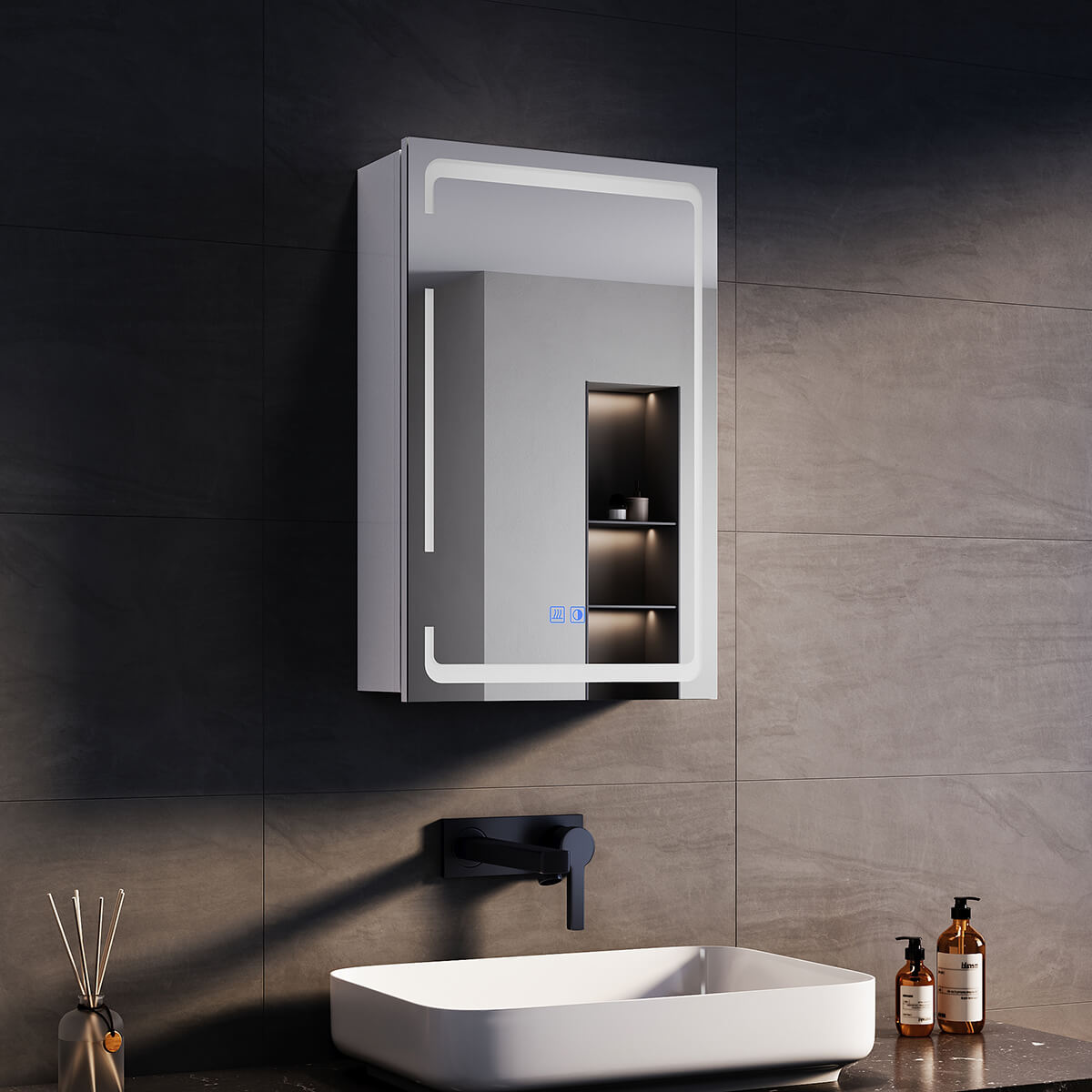 SONNI Spiegelschrank Bad mit Beleuchtung, 3 Lichtfarbe Einstellbar und Beschlagfrei LED Badezimmerschrank mit Kabelloses Scharnier Design Medizinschrank - Sonni Sanitär GmbH