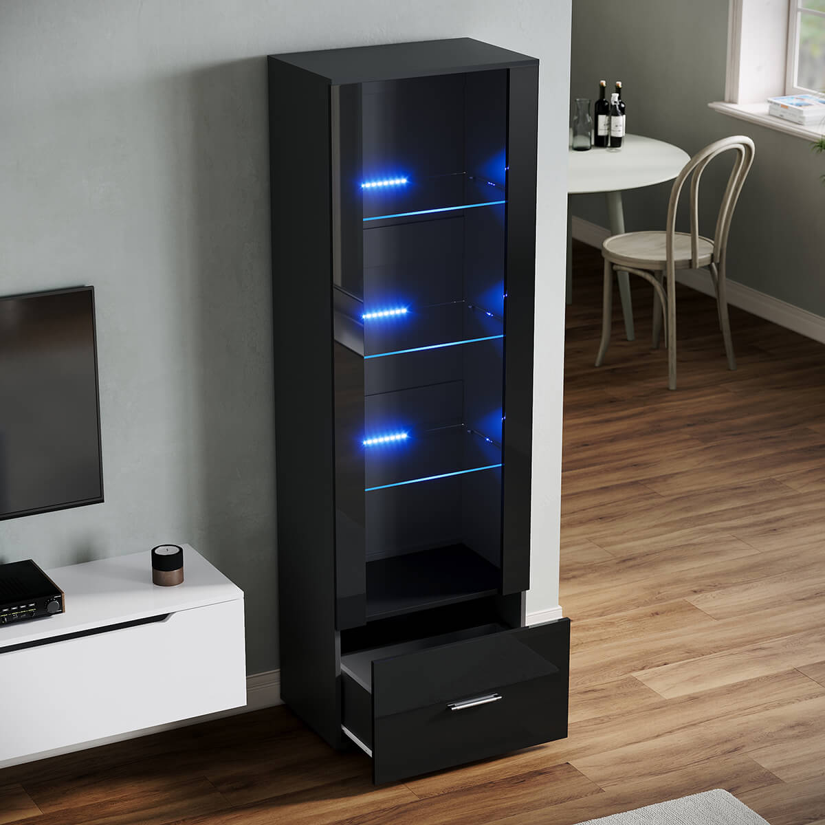 SONNI Vitrine mit LED-Beleuchtung, Glasvitrine mit Schubladen, weiß Hochglanzfront, Sammlervitrine, Vitrinenschrank - Sonni Sanitär GmbH