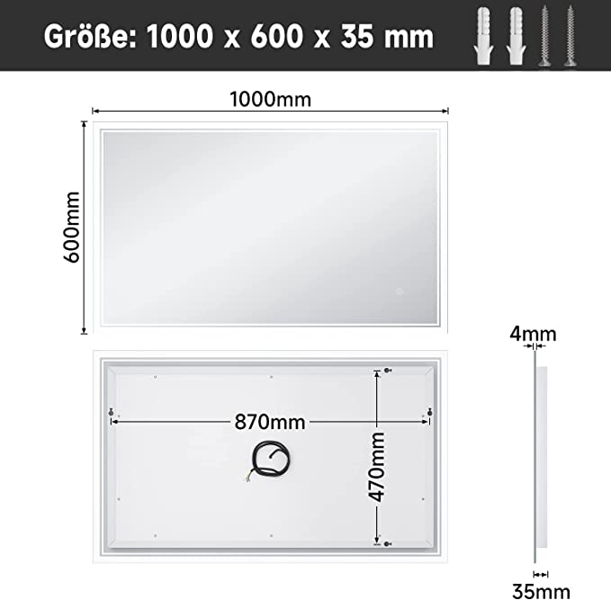 SONNI Badspiegel mit Beleuchtung Beschlagfrei LED Badspiegel mit Touchschalter kaltwei IP44 Wandschalter