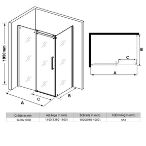 SONNI Duschkabine Eckeinstieg Schiebetür mit Seitenwand rahmenlos 8mm beidseitig Nano ESG-Glas Höhe 195cm - Sonni Sanitär GmbH