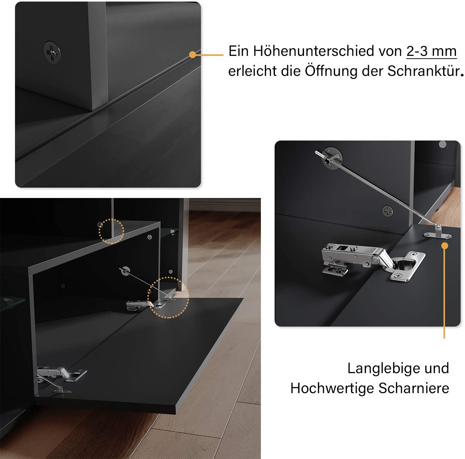 SONNI Lowboard Schwarz Hochglanz 146cm, TV Schrank Glas, mit LED Beleuchtung