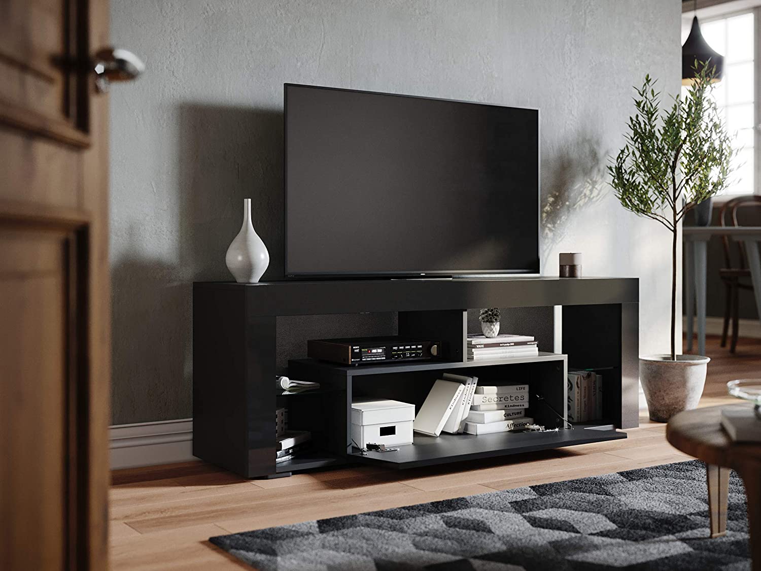 SONNI Lowboard Schwarz Hochglanz 141cm, TV Schrank Glas, mit LED Beleuchtung