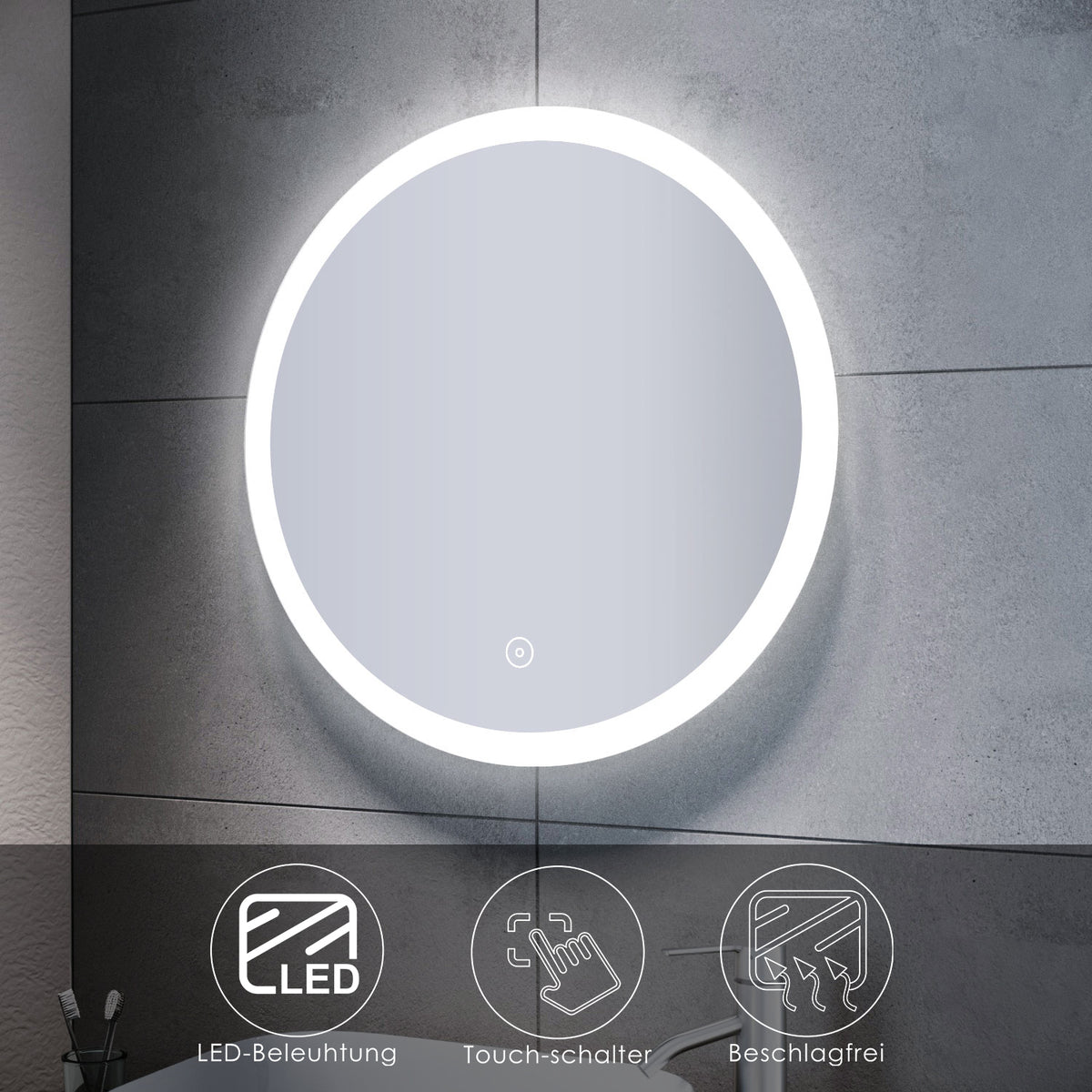 SONNI LED Badspiegel Rund 80cm Touchschalter Beschlagfrei Wandspiegel mit Beleuchtung Kaltweiß GTBM06-8080 - Sonni Sanitär GmbH