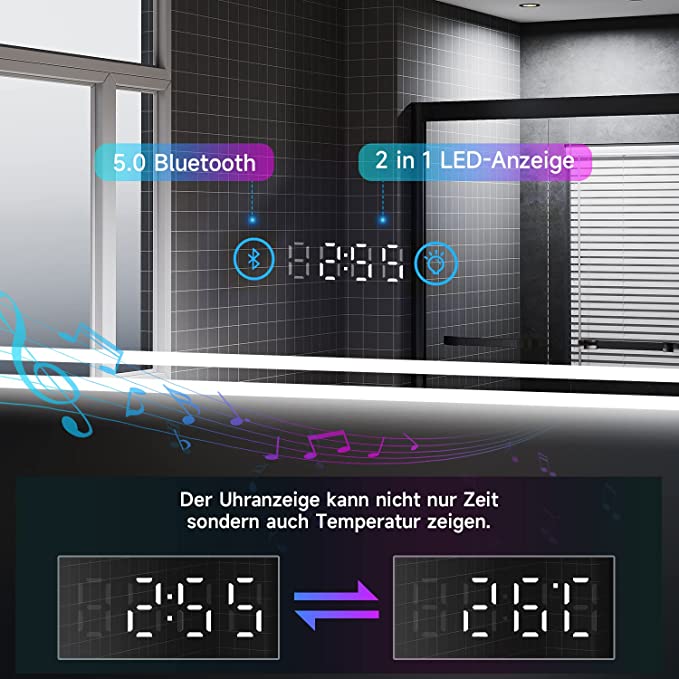 SONNI Badspiegel mit Beleuchtung 120x70 cm, Anti-Beschlag LED Badezimmer Lichtspiegel, LED Spiegel mit 5.0 Bluetooth und Uhr zeig, Wandspiegel Badezimmerspiegel Kaltweiß mit 2 Touchschalter