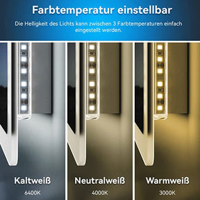 SONNI Badspiegel Bluetooth Lautsprecher LED beschlagfrei mit Uhranzeige Lichtspiegel 3 Lichtfarben einstellbar, 120x60 cm