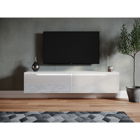 SONNI TV Schrank Weiss Hochglanz Griffloses Design TV Board mit LED-Beleuchtung Lowboard Fernseherschank 140x35x30cm für Ihr Wohnzimmer