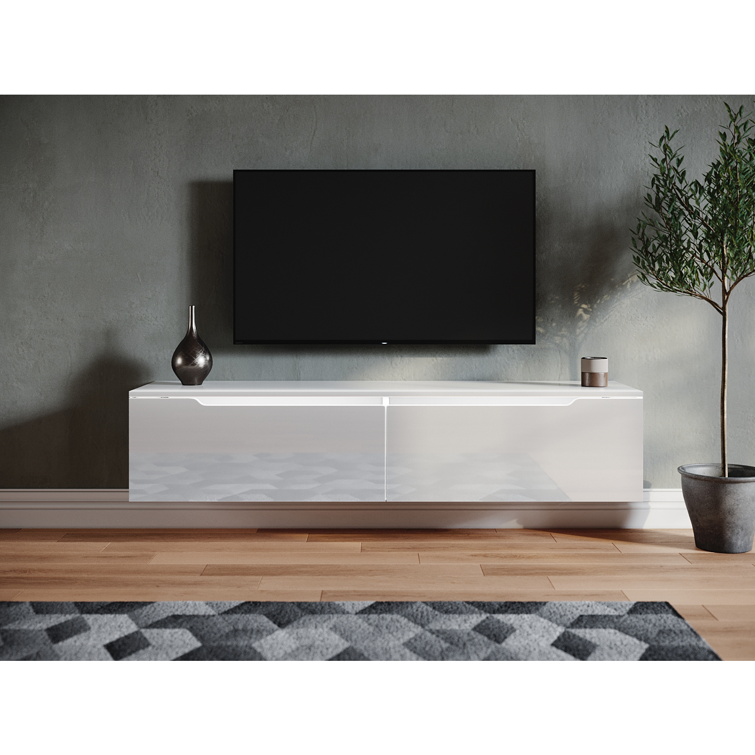 SONNI TV Schrank Weiss Hochglanz Griffloses Design TV Board mit LED-Beleuchtung Lowboard Fernseherschank 140x35x30cm für Ihr Wohnzimmer