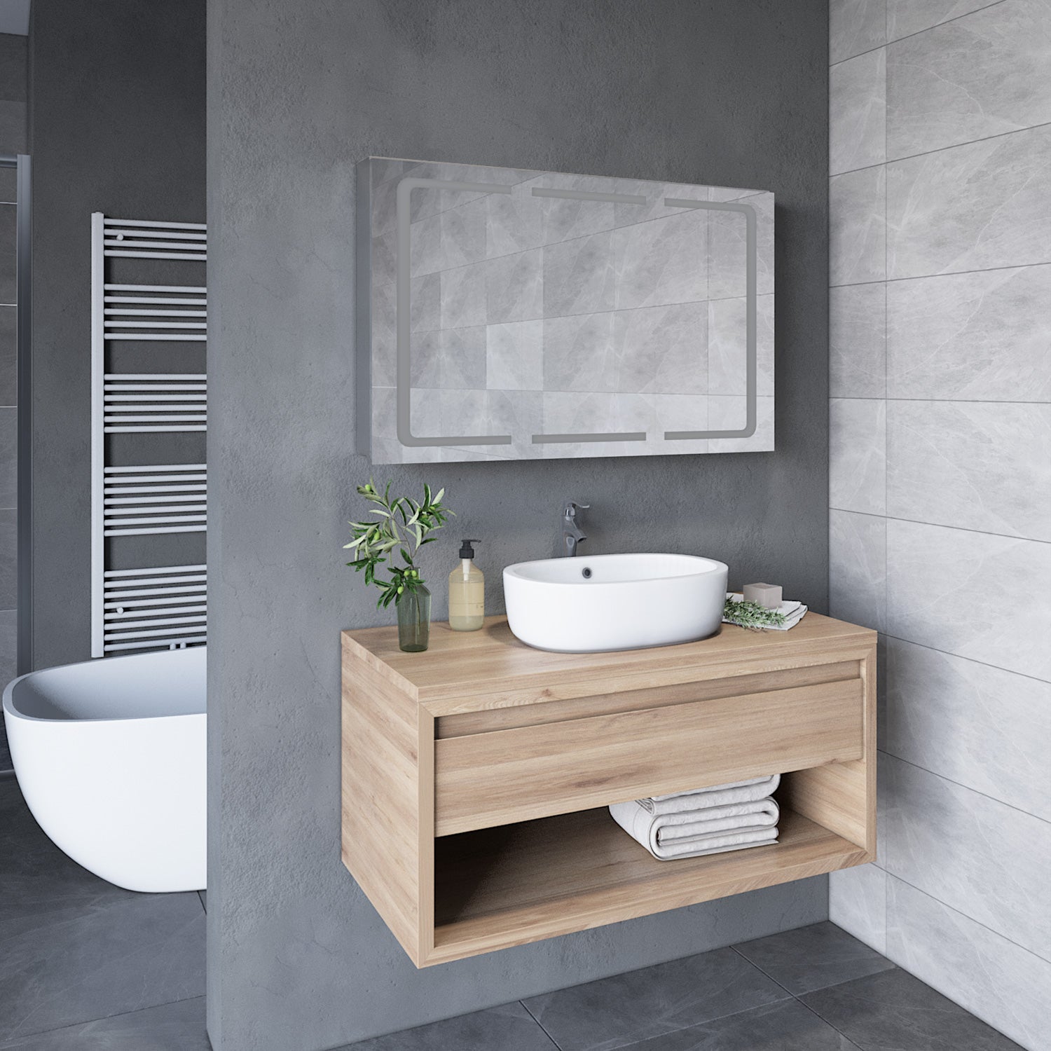 Badezimmer LED Spiegelschrank mit Beleuchtung 3-türig Kippschalter 105 x 65 x 13cm