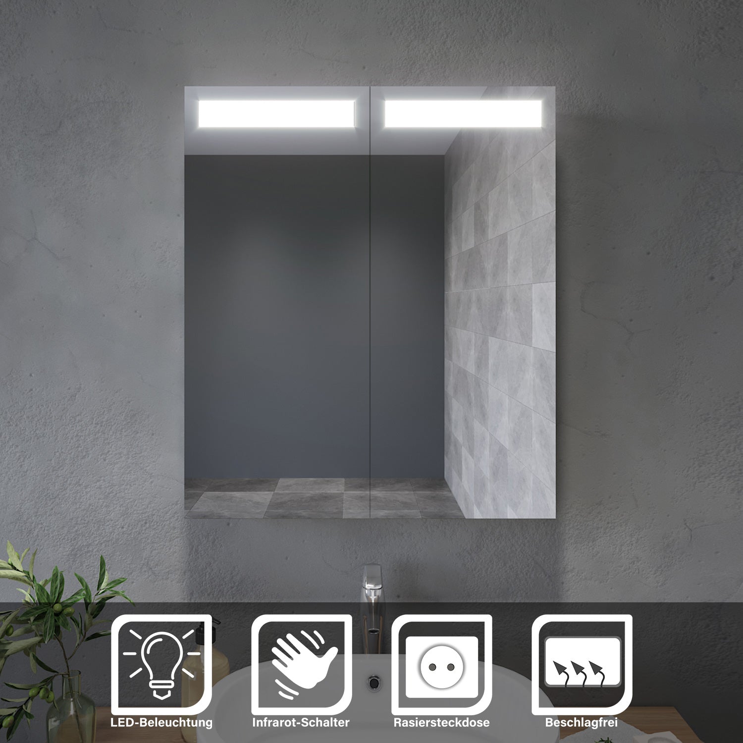 Badezimmer LED Spiegelschrank mit Beleuchtung 2-türig Infrarotschalter 60 x 70 x 13cm
