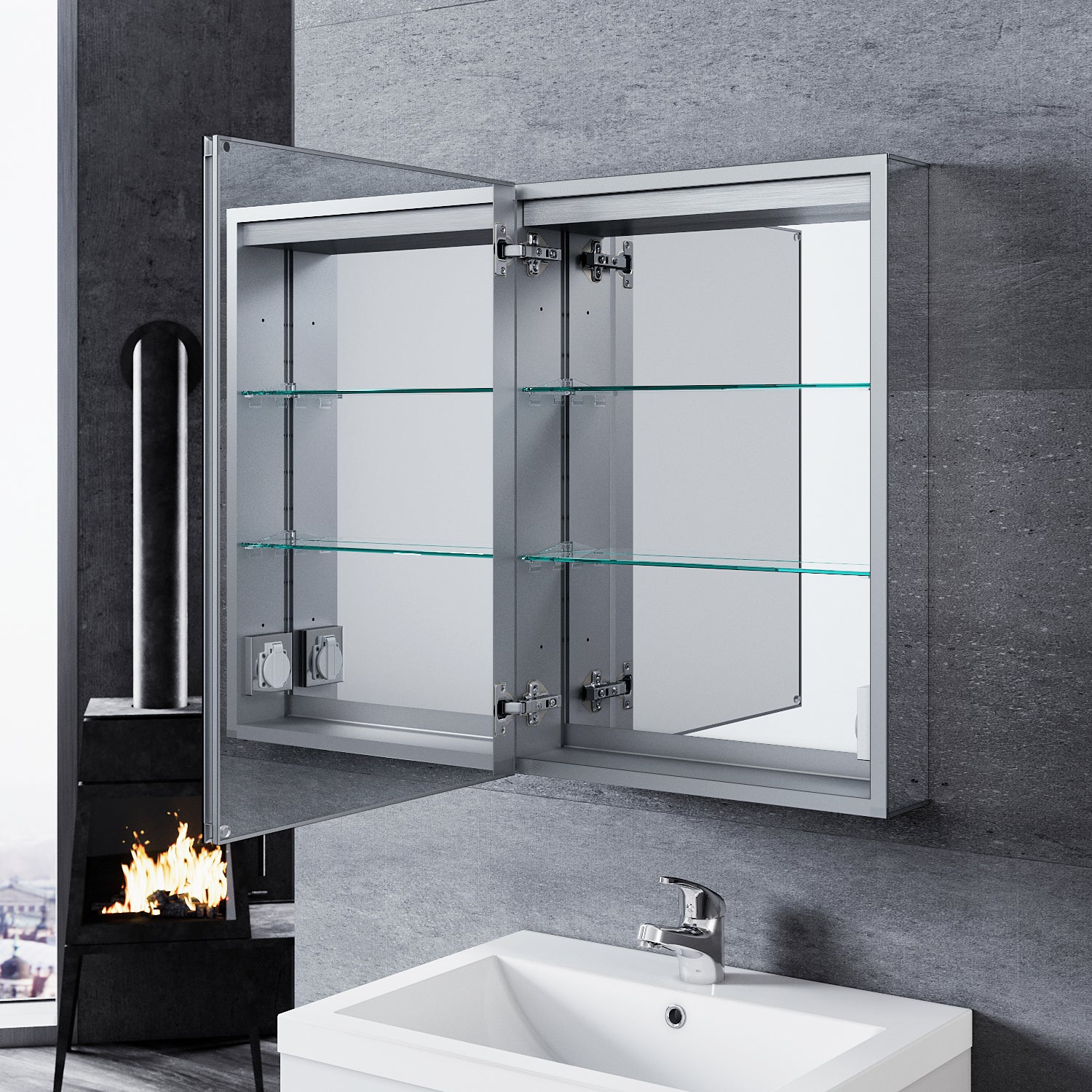 SONNI LED Spiegelschrank mit Beleuchtung für das Badezimmer Aluminium Spiegelschrank mit Beleuchtung Spiegelschrank mit Steckdose wasserdicht beschlagfrei