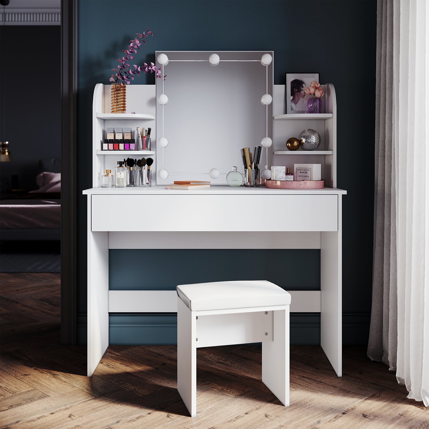 SONNI dressing table with mirror and stool, 4 shelves dressing table with LED lighting drawers 108 x 40 x 140 cm white