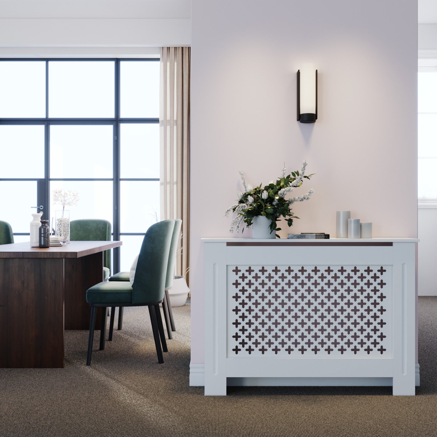 SONNI Heizkörperverkleidung Abdeckung Heizungsverkleidung weiß mit Kreuzgitter für Wohnzimmer Flur Diele B1120 x T190 x H815 mm